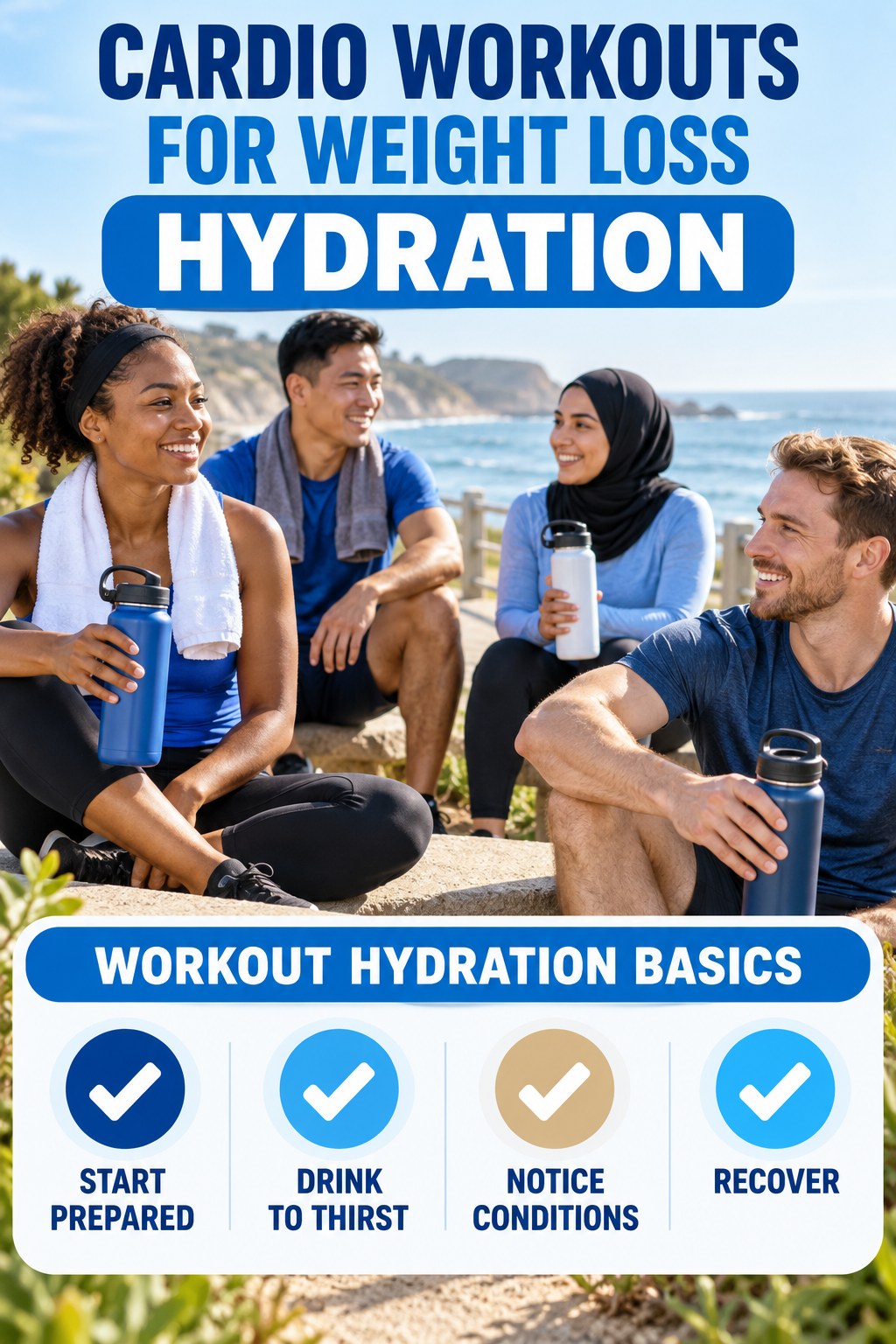 Cardio Workouts for Weight Loss hydration graphic titled Workout Hydration Basics with four flexible water-habit prompts and no fixed intake target.
