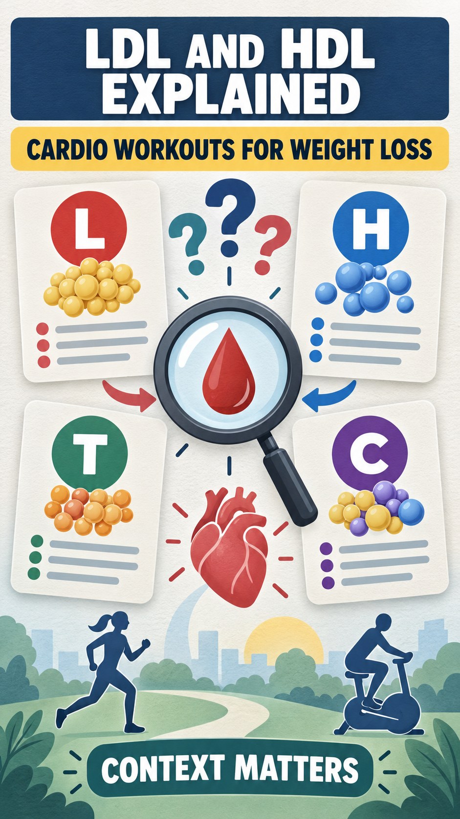 LDL and HDL Context Guide infographic for Cardio Workouts for Weight Loss, using a non-numerical educational lipid-panel layout with question and context icons.