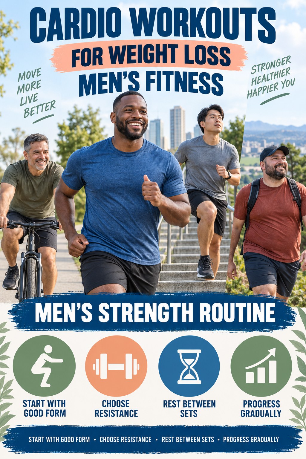 Cardio Workouts for Weight Loss men’s fitness graphic titled Men’s Strength Routine with four practical training prompts.