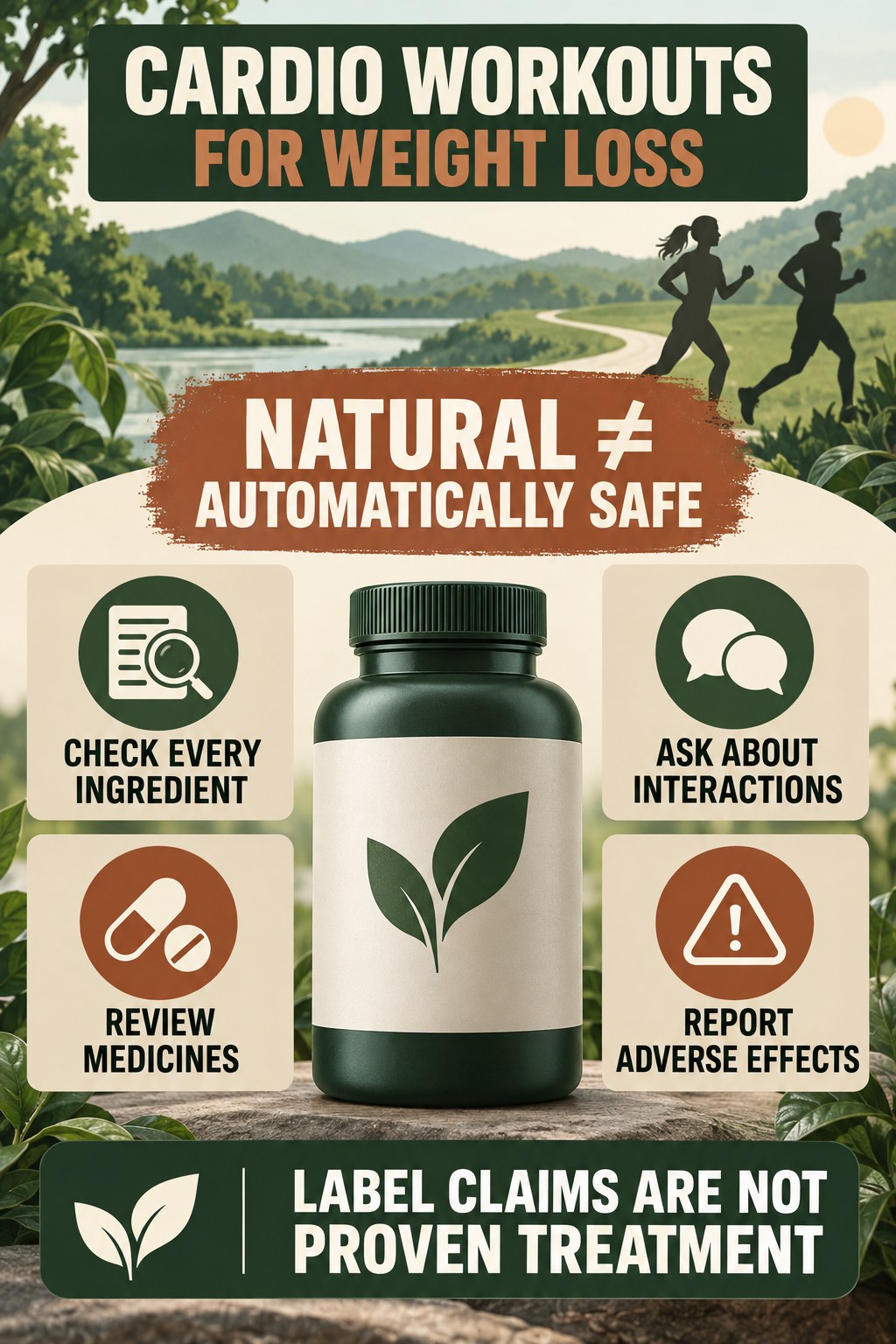 Natural Does Not Mean Risk-Free prostate supplement label-literacy infographic for Cardio Workouts for Weight Loss with four careful reading points.