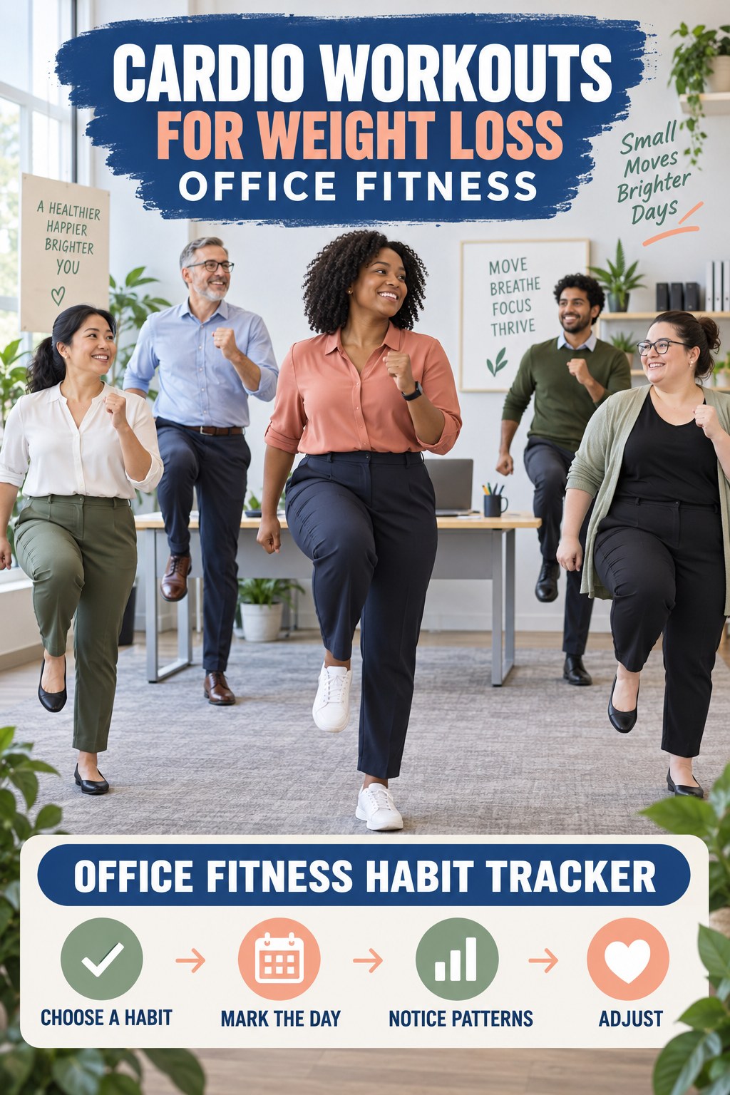 Cardio Workouts for Weight Loss office-fitness graphic titled Office Fitness Habit Tracker with four practical workday movement prompts.