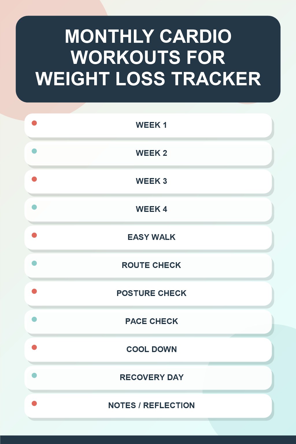 Monthly Cardio Workouts for Weight Loss printable-style tracker graphic with six labeled rows, empty checkboxes, and a reflection area.