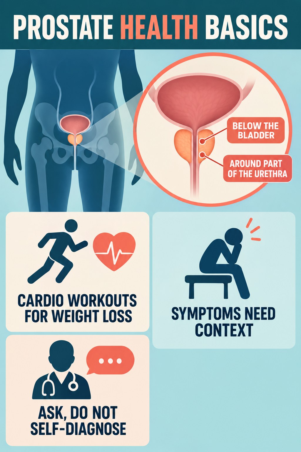 Prostate Anatomy Without Myths infographic for Cardio Workouts for Weight Loss with four concise prostate-health awareness points.