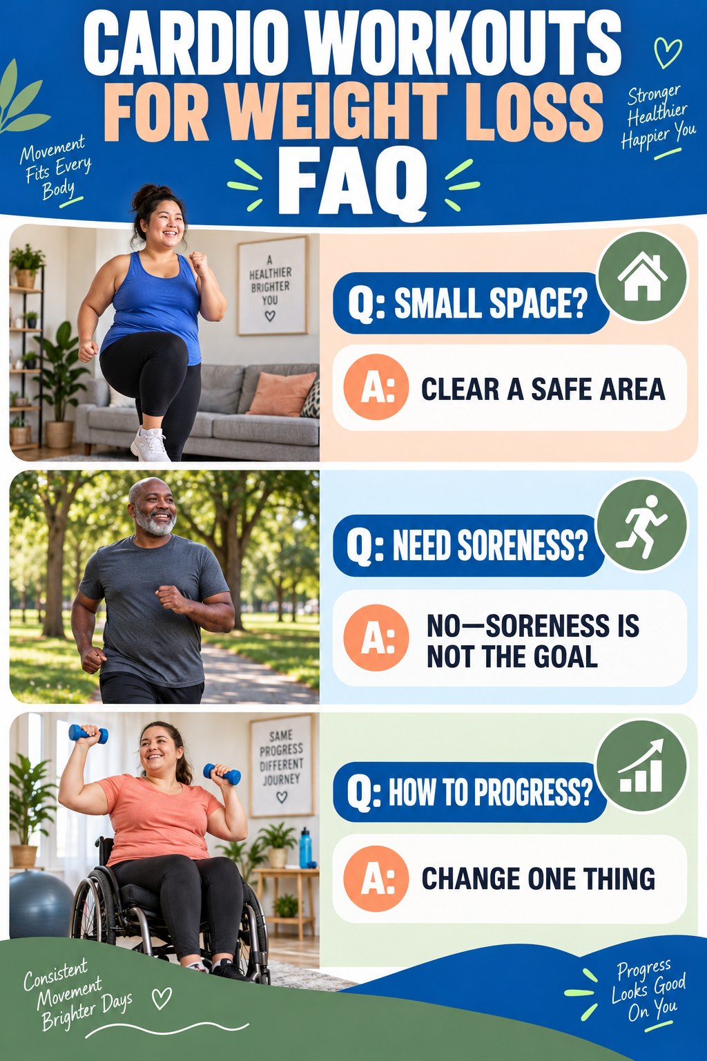 Cardio Workouts for Weight Loss FAQ graphic with three concise questions and practical answers for beginners.