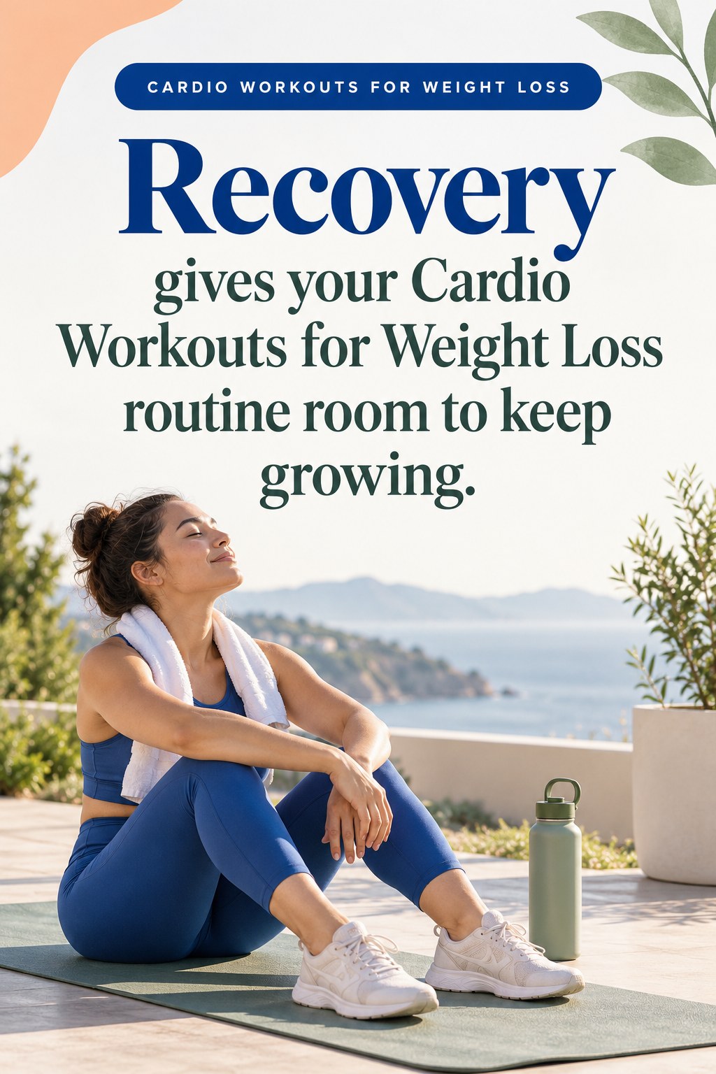 Original Cardio Workouts for Weight Loss quote graphic reading “Recovery gives your Cardio Workouts for Weight Loss routine room to keep growing.” in a board-relevant editorial design.
