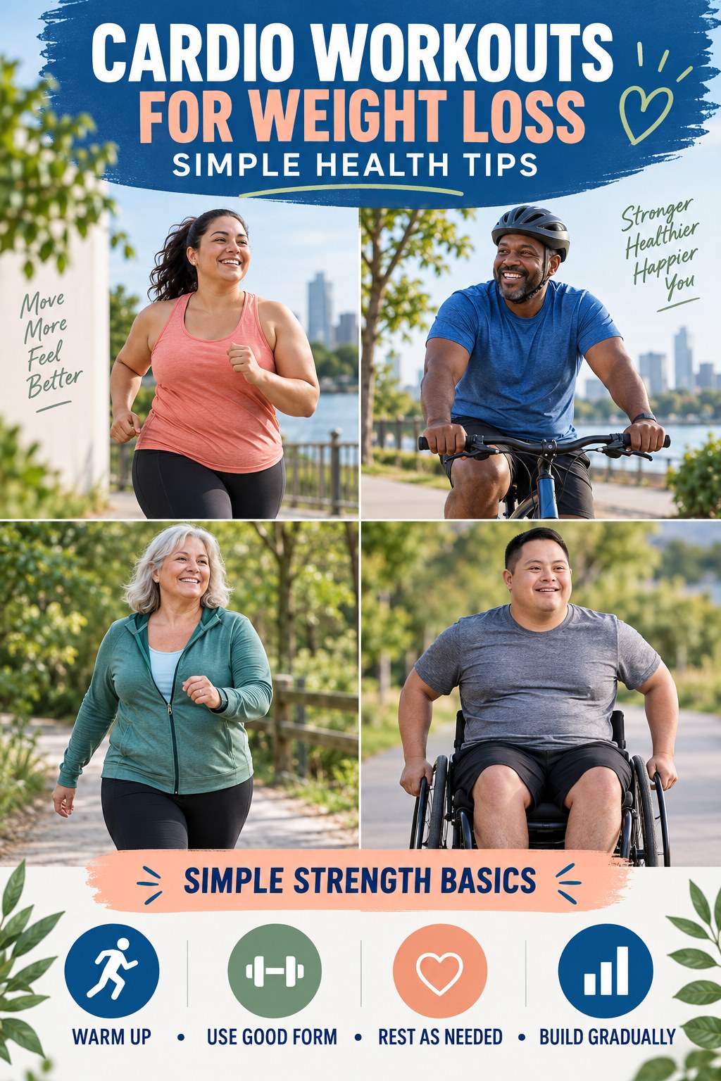 Cardio Workouts for Weight Loss simple-health graphic titled Simple Strength Basics with four practical wellness prompts.
