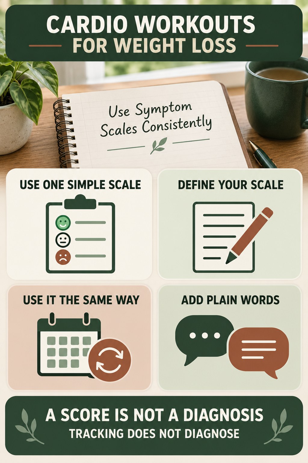 Use Symptom Scales Consistently urinary symptom tracking infographic for Cardio Workouts for Weight Loss with four practical diary points and a non-diagnostic reminder.