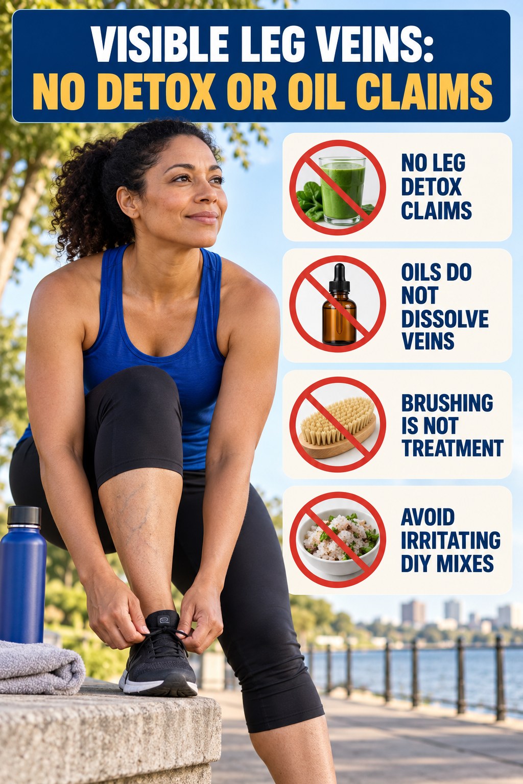 No Detox or Oil Claims infographic for Cardio Workouts for Weight Loss, showing body-neutral visible-leg-vein appearance care and the boundary between temporary cosmetic support and treatment.