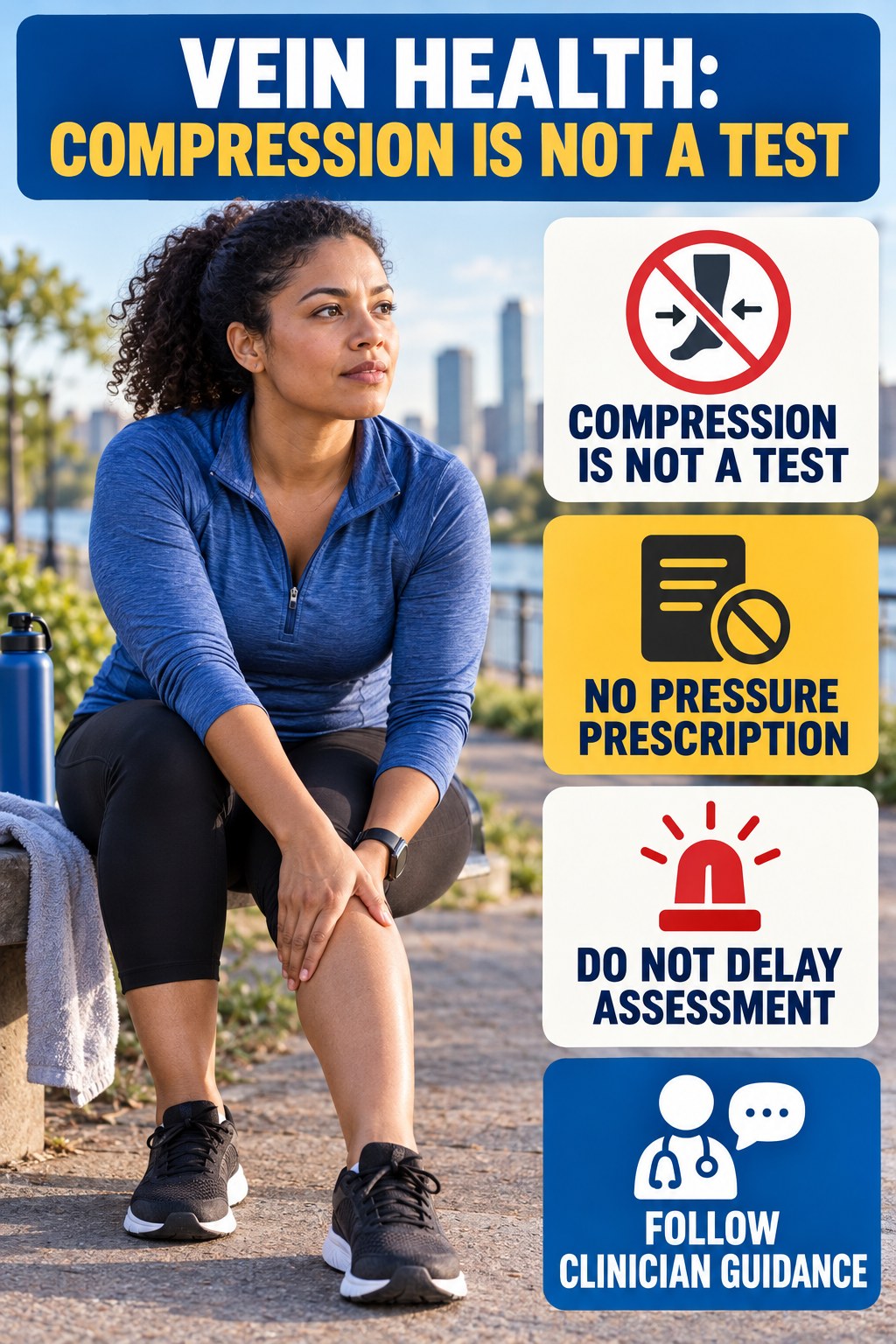 Compression Is Not a Test infographic for Cardio Workouts for Weight Loss, explaining vein-health warning signs and the appropriate next action without diagnosing a condition.