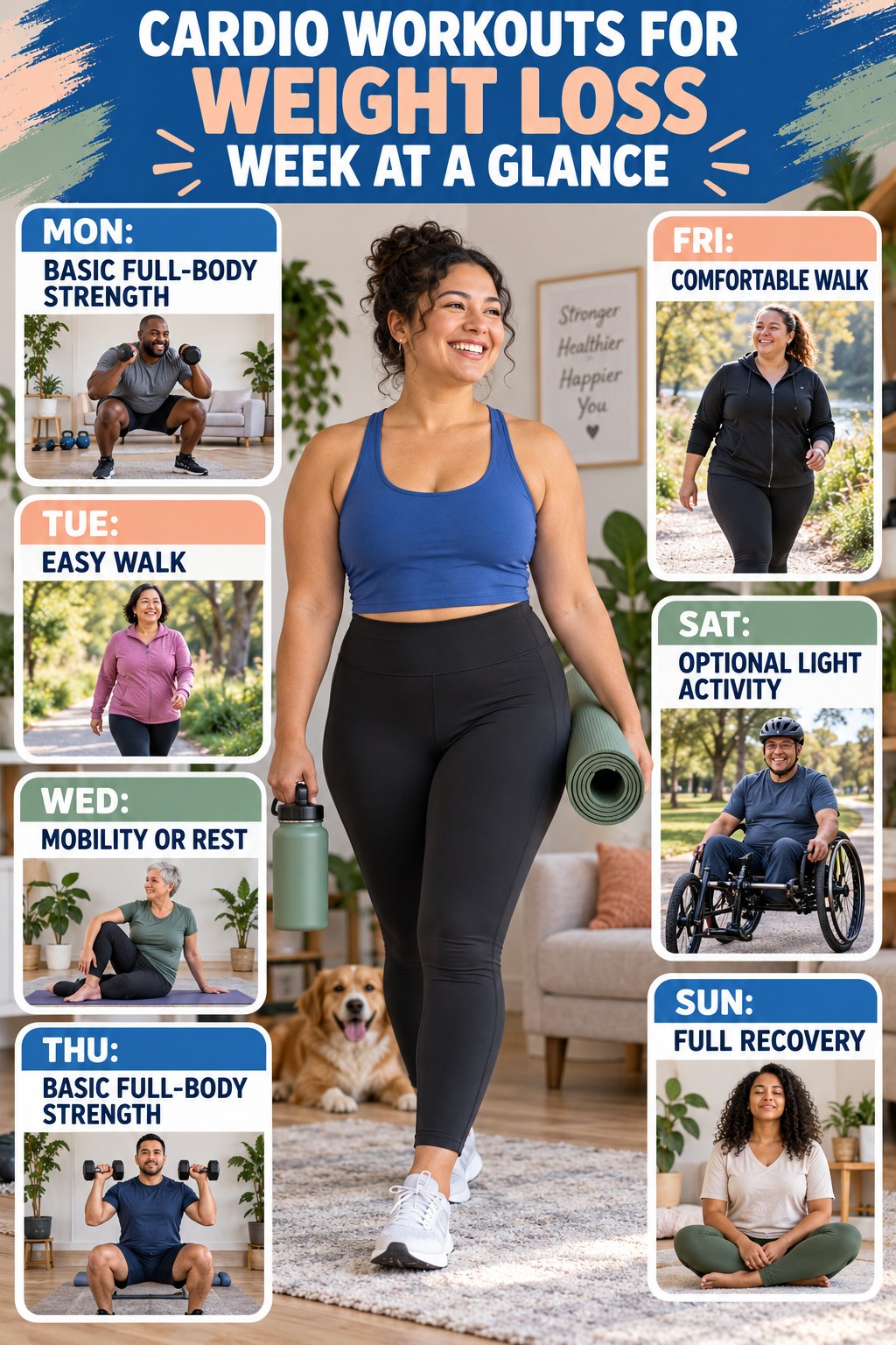 Weekly Cardio Workouts for Weight Loss plan graphic with concise Monday-to-Sunday actions and flexible recovery guidance.