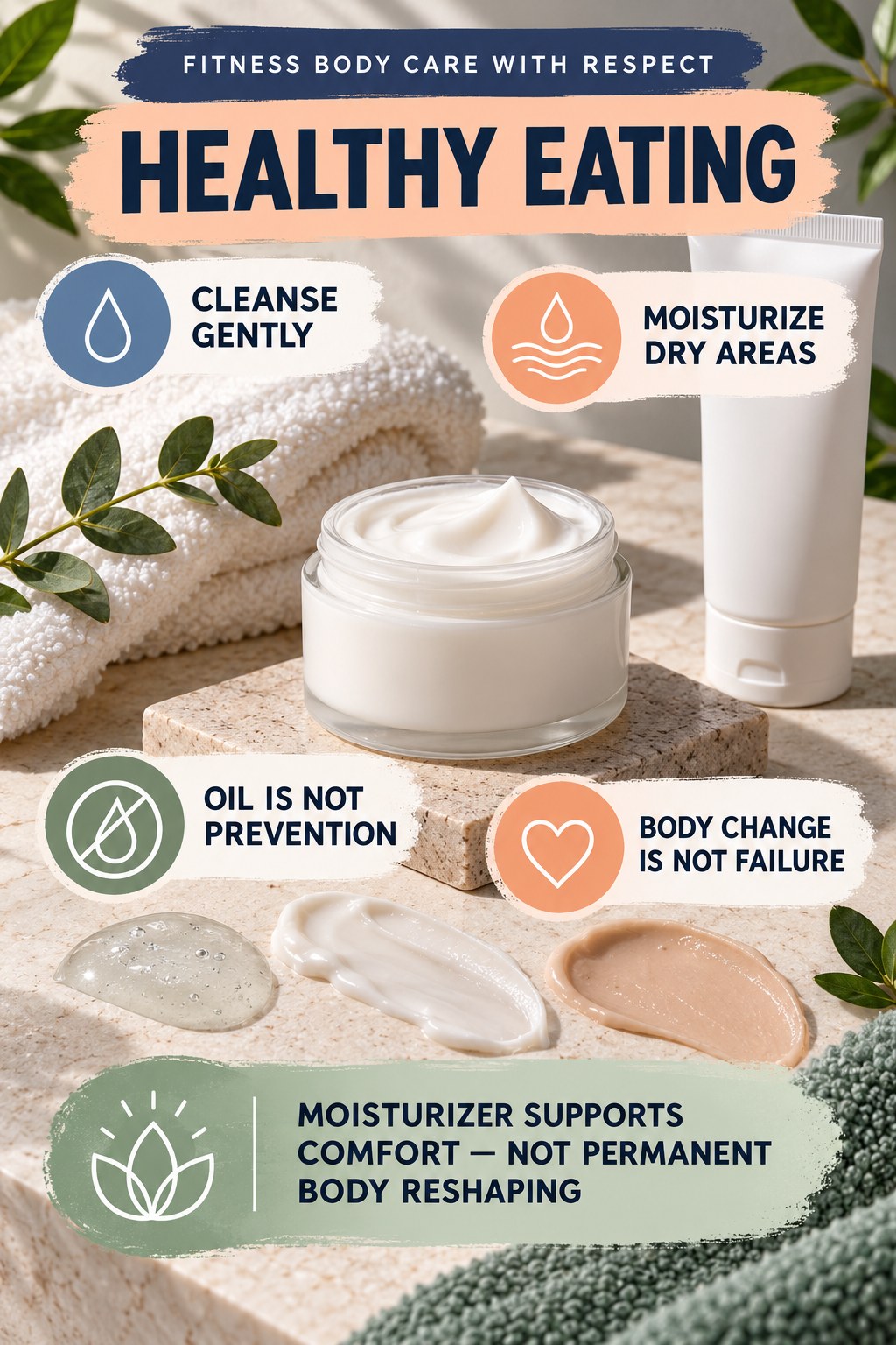 Care for Skin During Muscle Gain Without Body Shame body-moisturization infographic for Healthy Eating with four body-neutral comfort actions.
