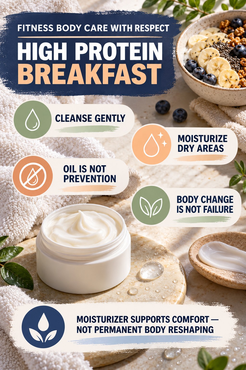 Care for Skin During Muscle Gain Without Body Shame body-moisturization infographic for High Protein Breakfast with four body-neutral comfort actions.