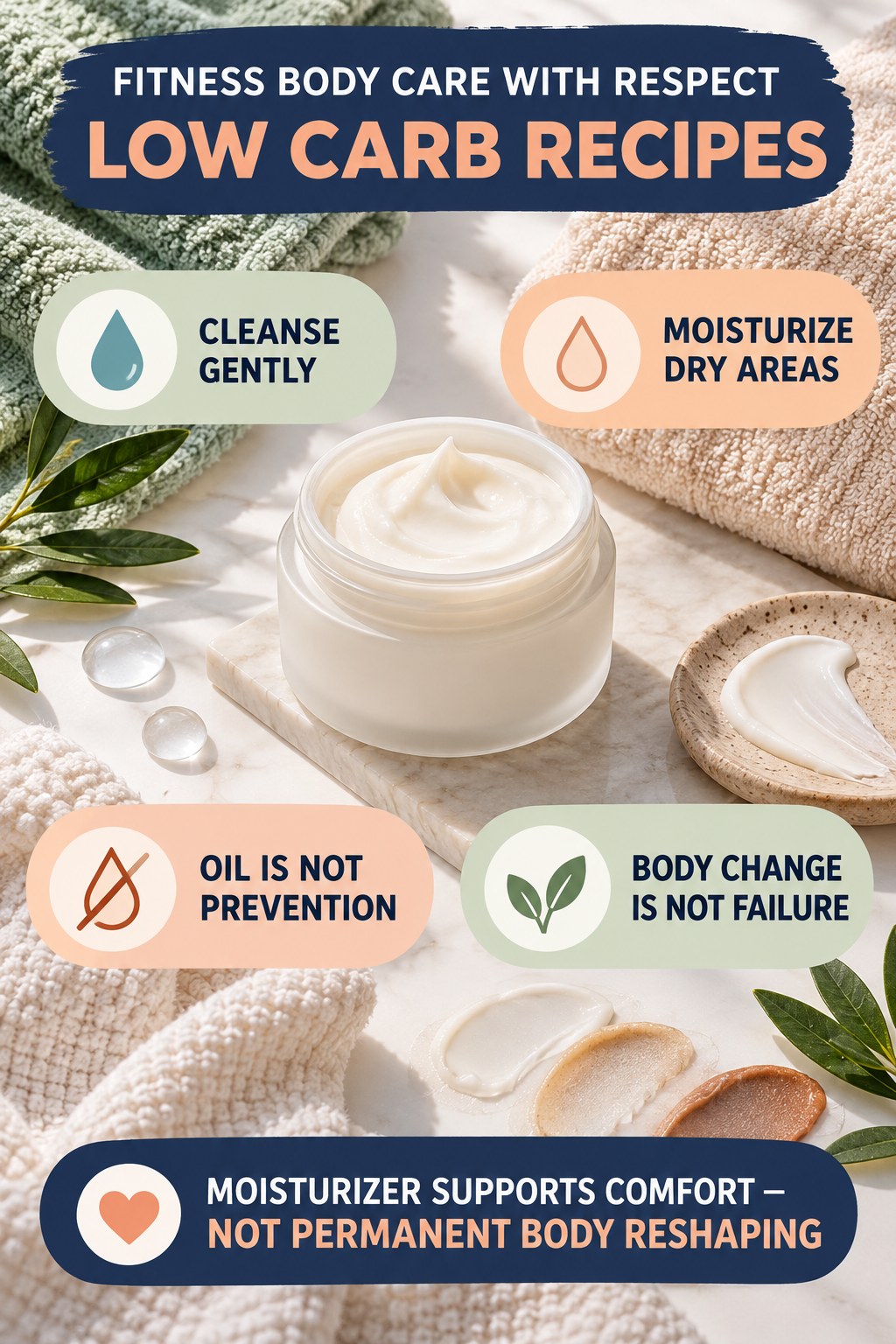 Care for Skin During Muscle Gain Without Body Shame body-moisturization infographic for Low Carb Recipes with four body-neutral comfort actions.