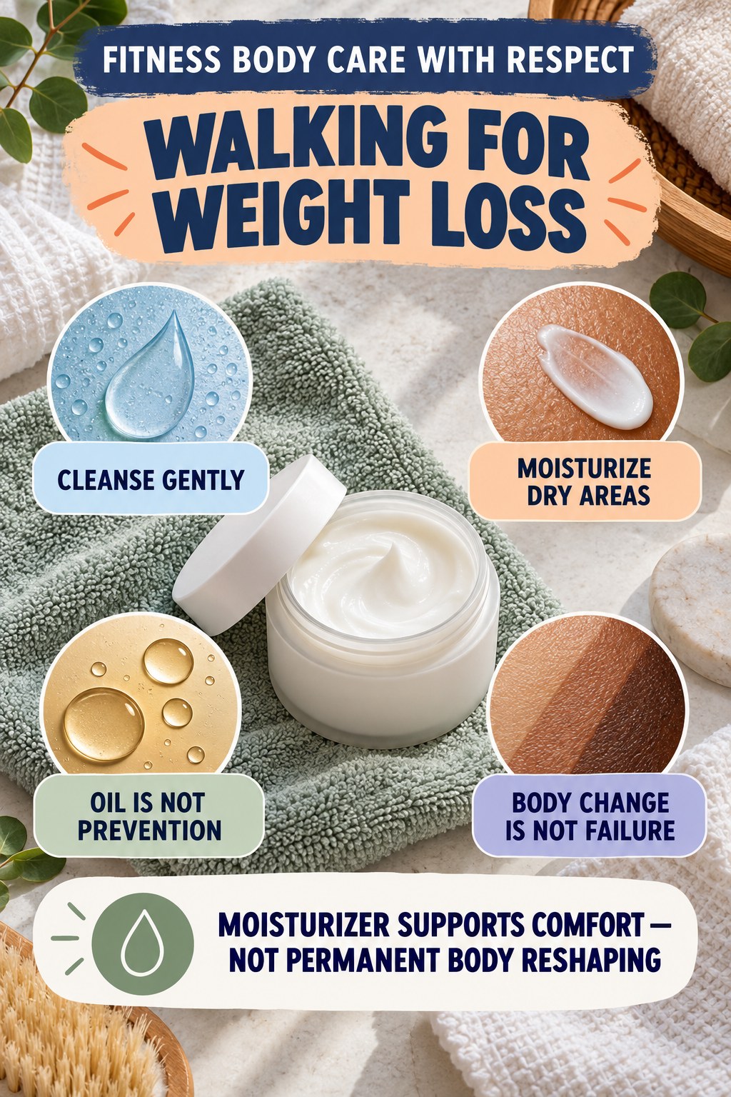 Care for Skin During Muscle Gain Without Body Shame body-moisturization infographic for Walking for Weight Loss with four body-neutral comfort actions.
