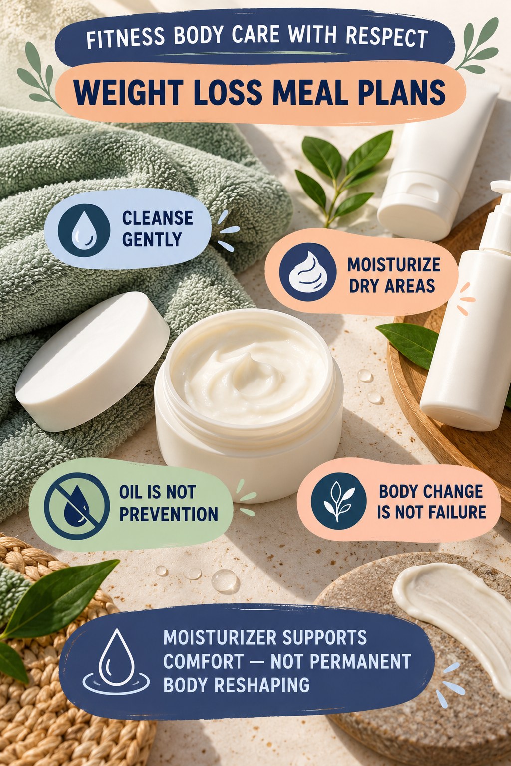 Care for Skin During Muscle Gain Without Body Shame body-moisturization infographic for Weight Loss Meal Plans with four body-neutral comfort actions.