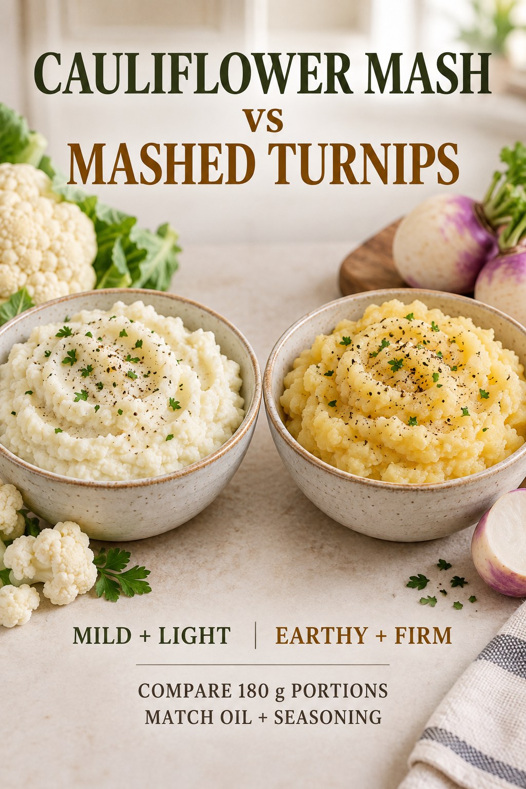 Cauliflower mash and mashed turnips in equal bowls with matching olive oil, garlic, salt, and pepper.