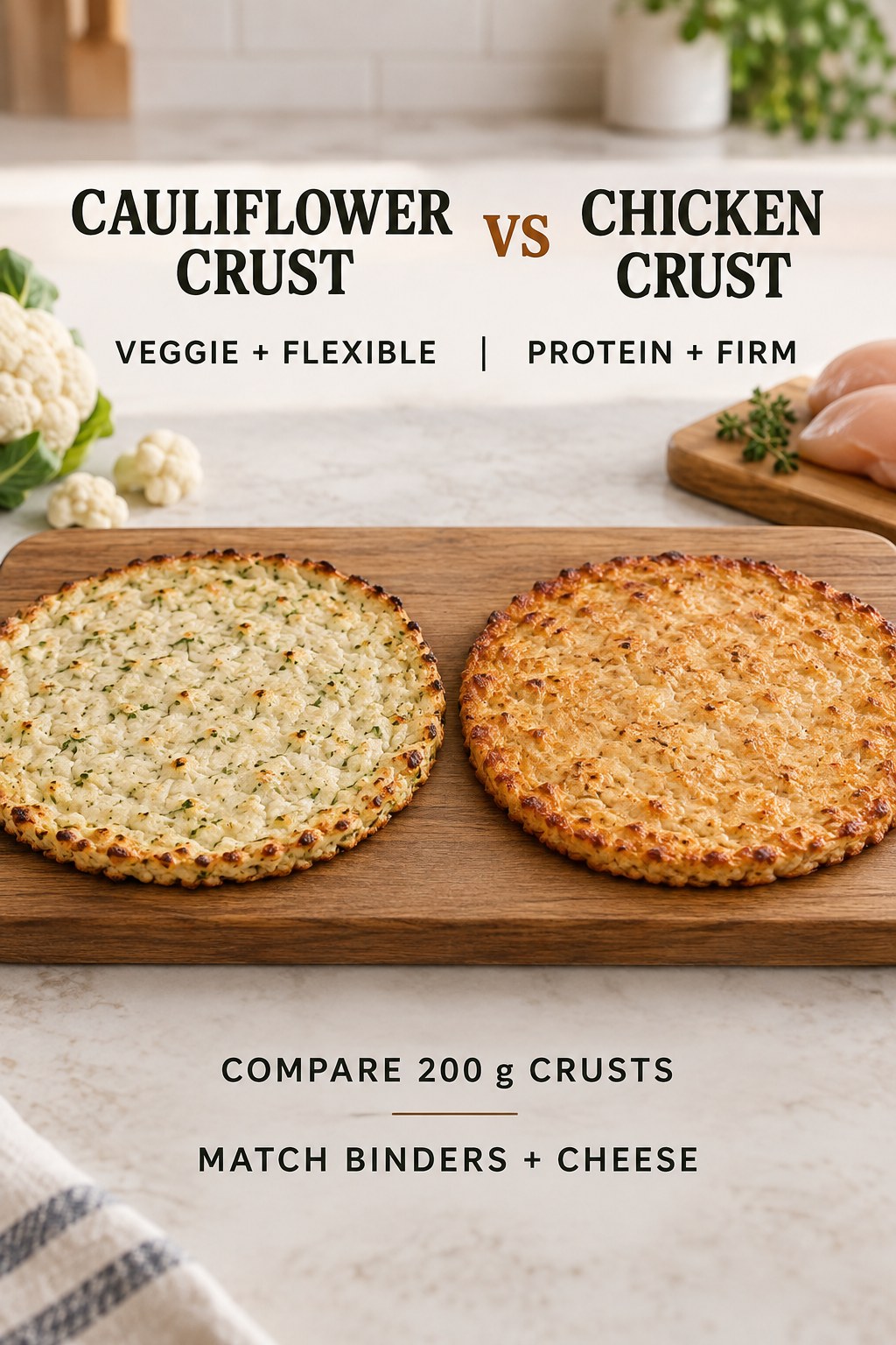 Cauliflower pizza crust and chicken pizza crust in equal baked rounds before sauce or toppings.