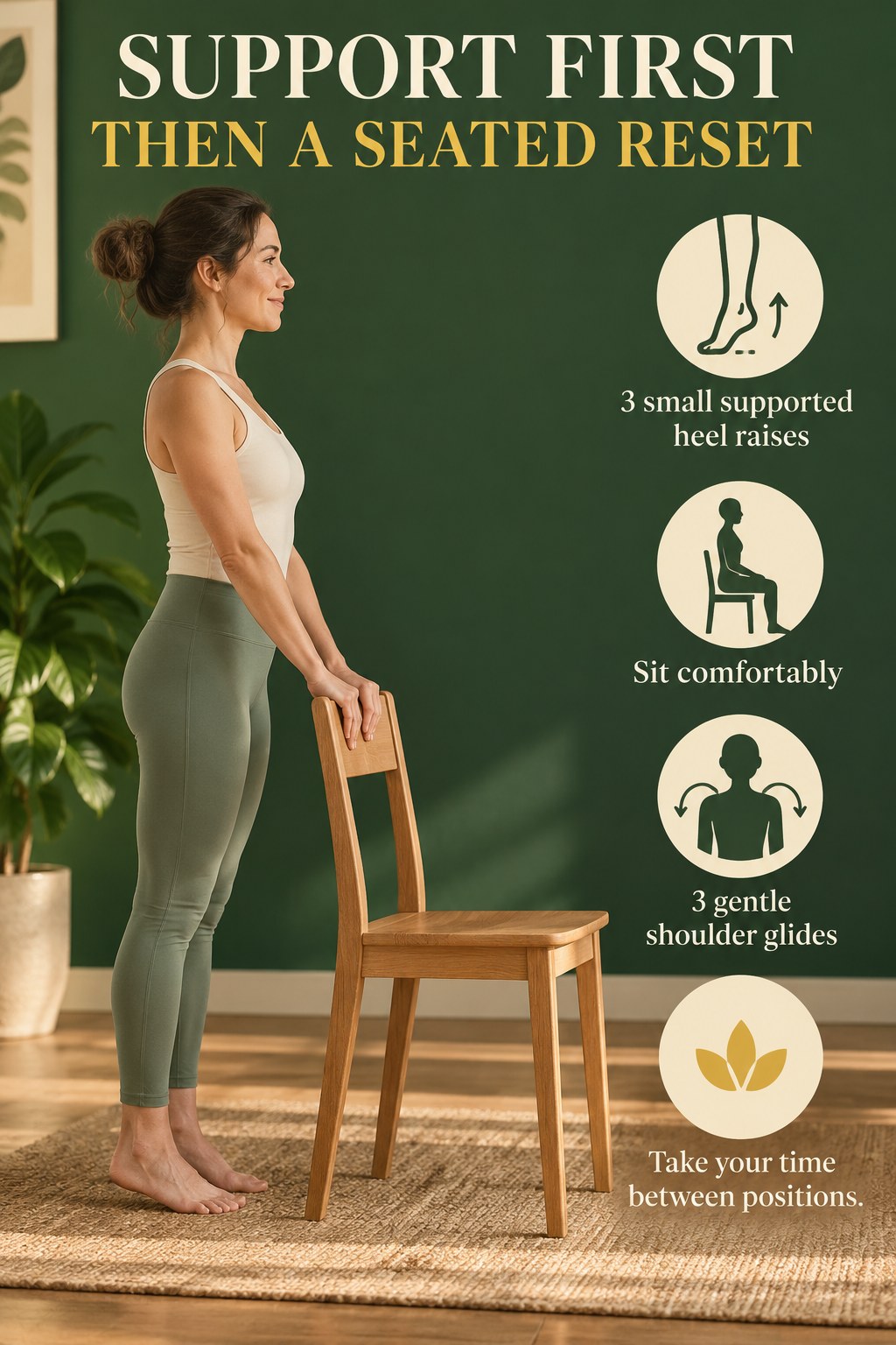 Adult lightly holding the back of a sturdy wooden dining chair during a small supported heel raise.