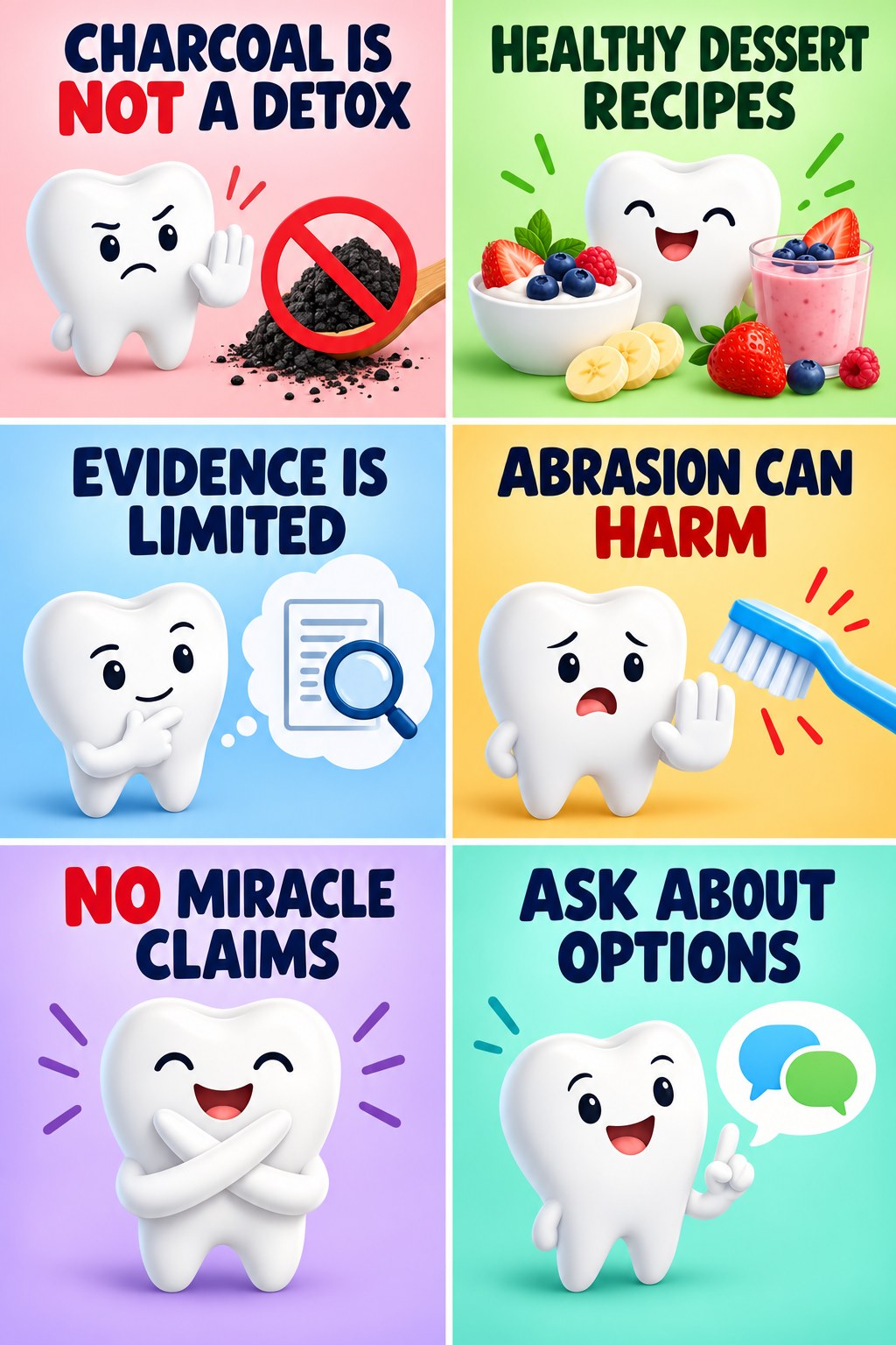 Charcoal Whitening Claims Need Caution infographic for Healthy Dessert Recipes with four concise whitening-sensitivity safety points.