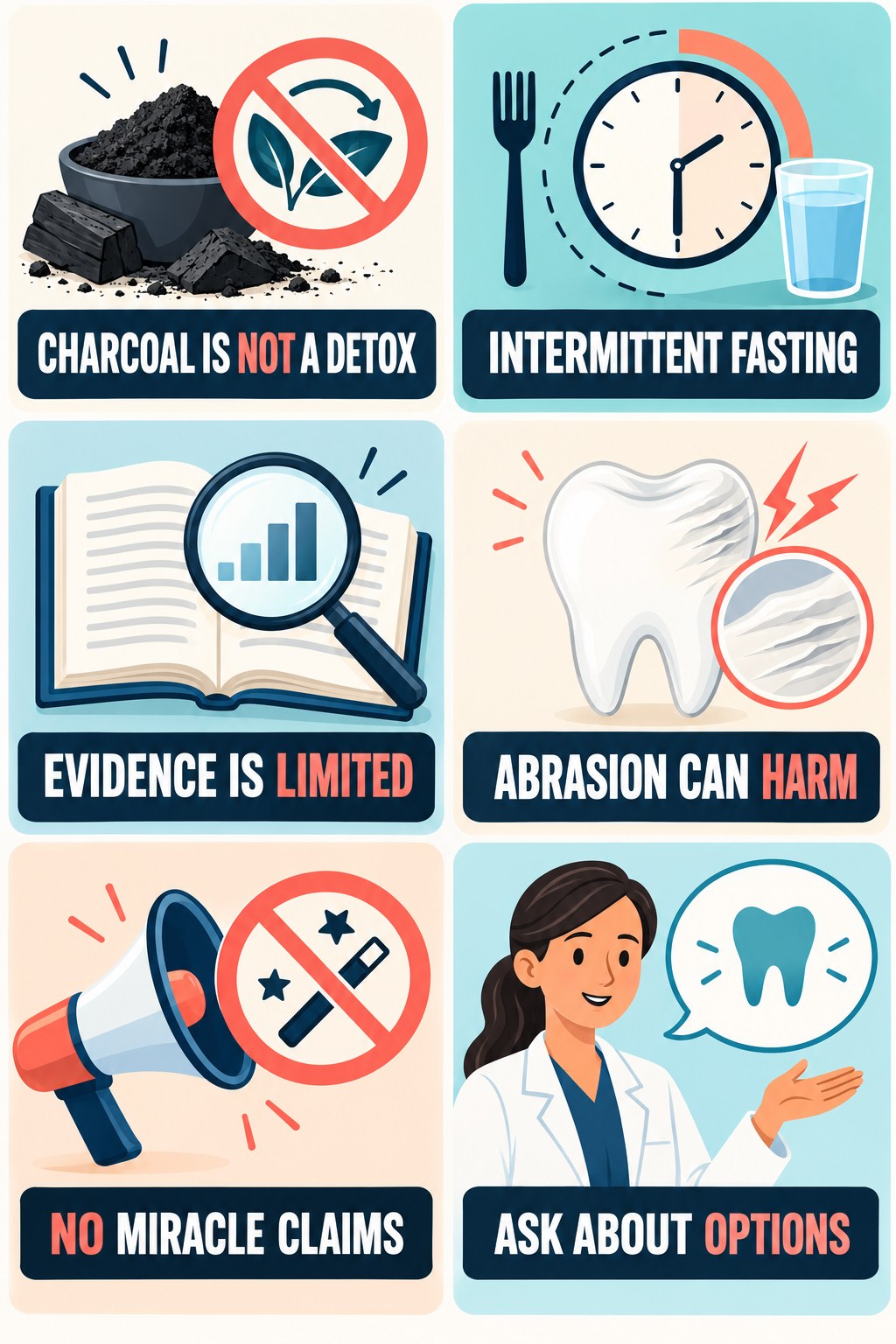Charcoal Whitening Claims Need Caution infographic for Intermittent Fasting with four concise whitening-sensitivity safety points.