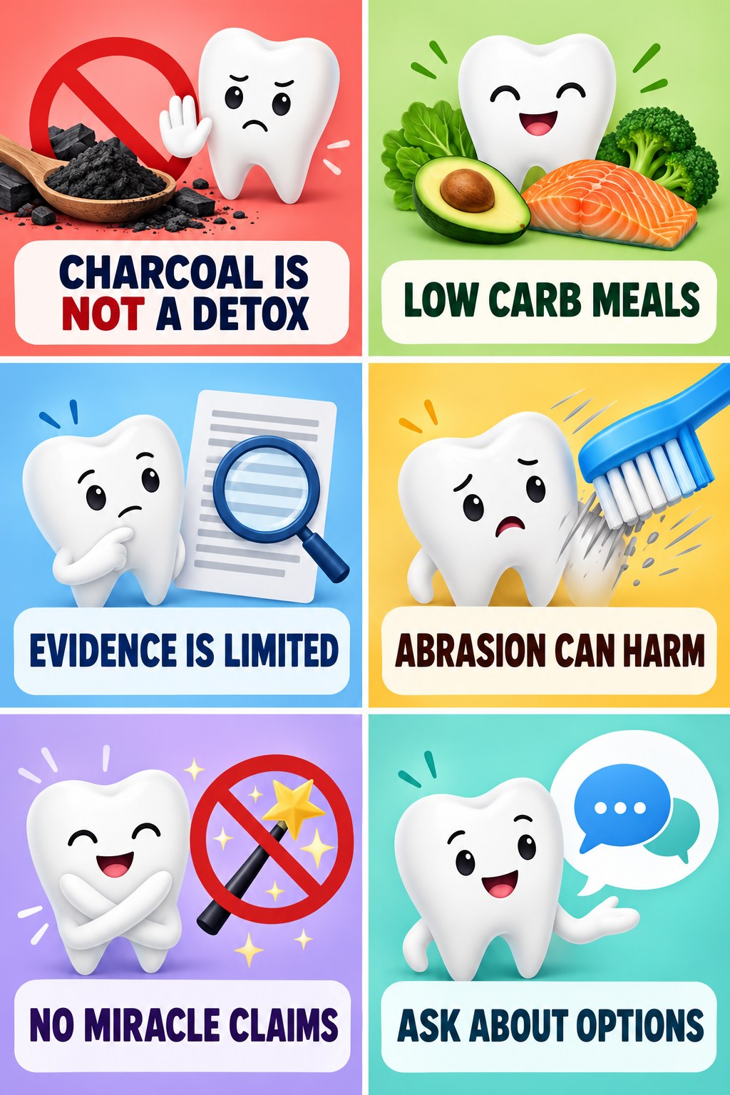 Charcoal Whitening Claims Need Caution infographic for Low Carb Meals with four concise whitening-sensitivity safety points.