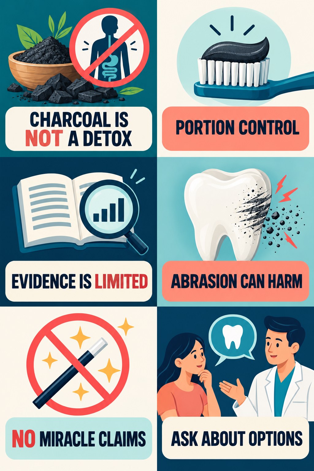 Charcoal Whitening Claims Need Caution infographic for Portion Control with four concise whitening-sensitivity safety points.