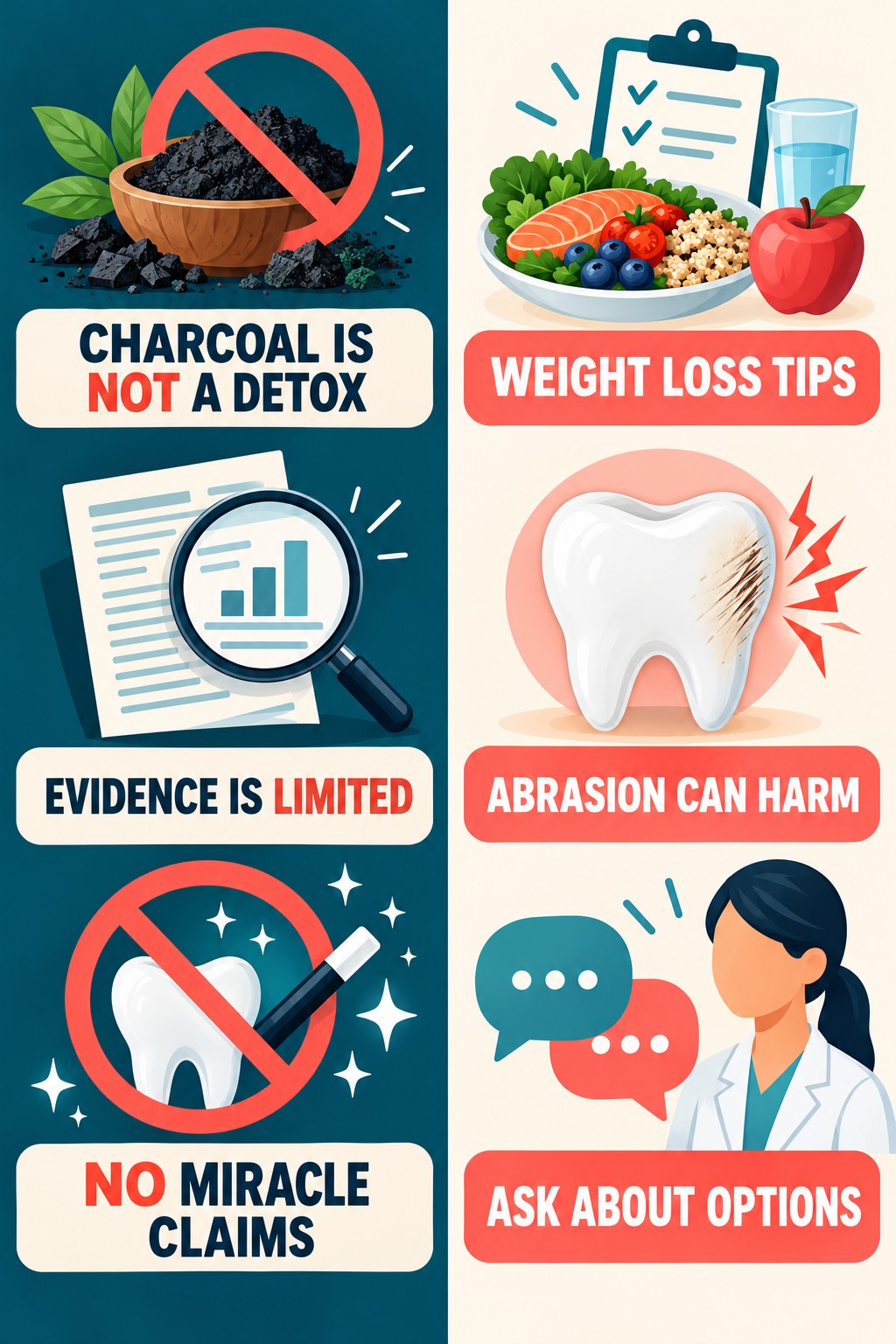 Charcoal Whitening Claims Need Caution infographic for Weight Loss Tips with four concise whitening-sensitivity safety points.