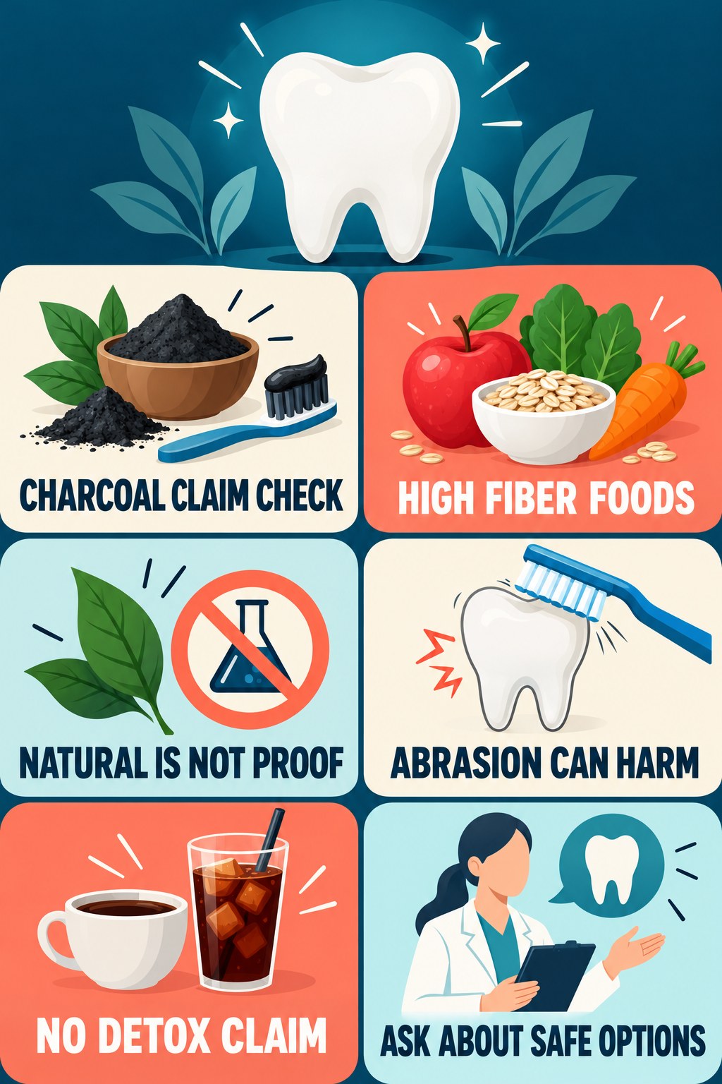 Charcoal Whitening Claims Under Review infographic for High Fiber Foods with four concise tooth-discoloration safety points.