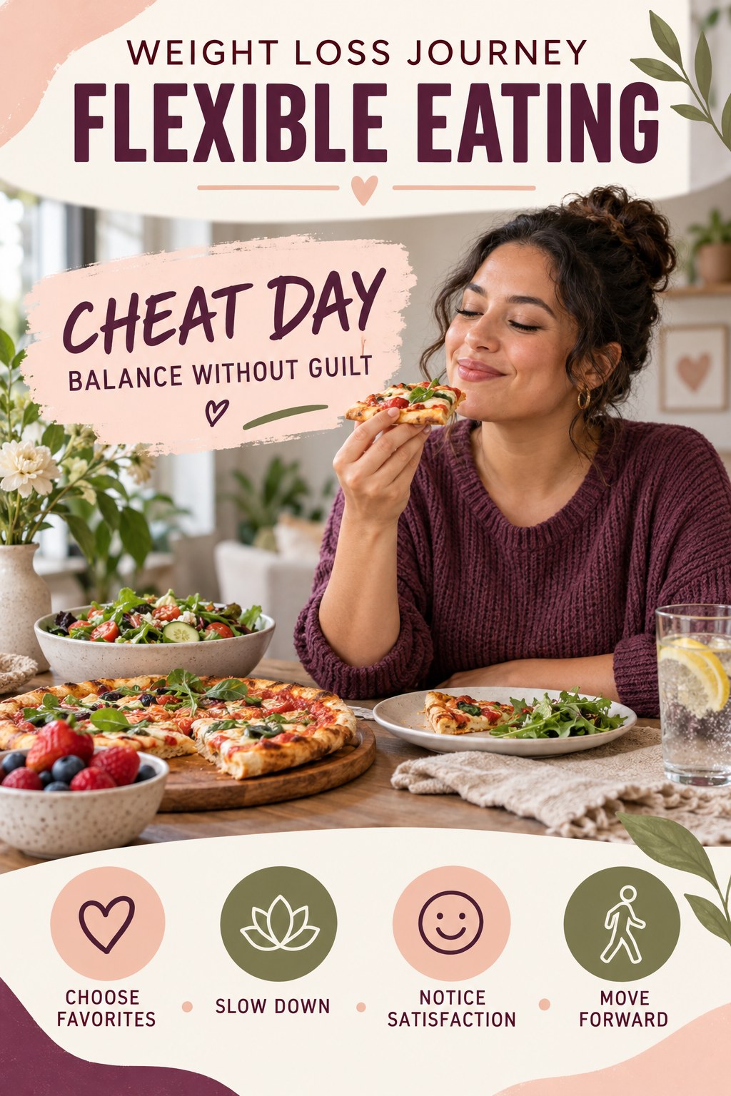 Weight Loss Journey flexible eating graphic titled Cheat Day Balance Without Guilt with four practical balance prompts.