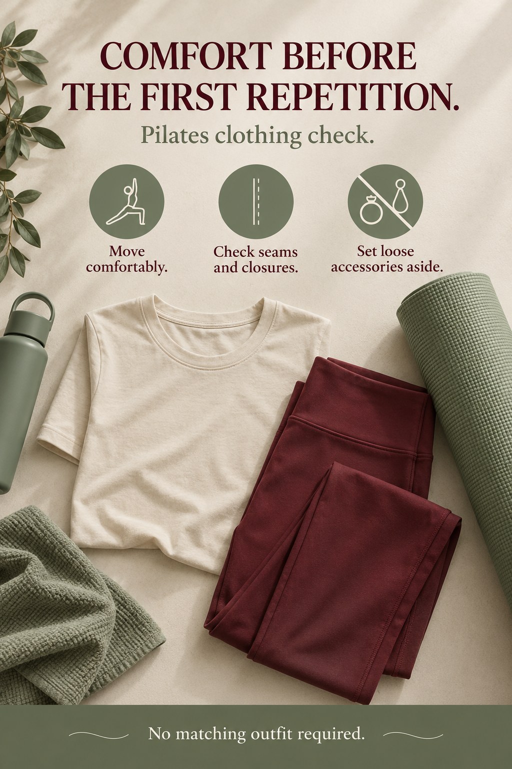 Plain comfortable exercise clothing folded beside a Pilates mat without brand labels.