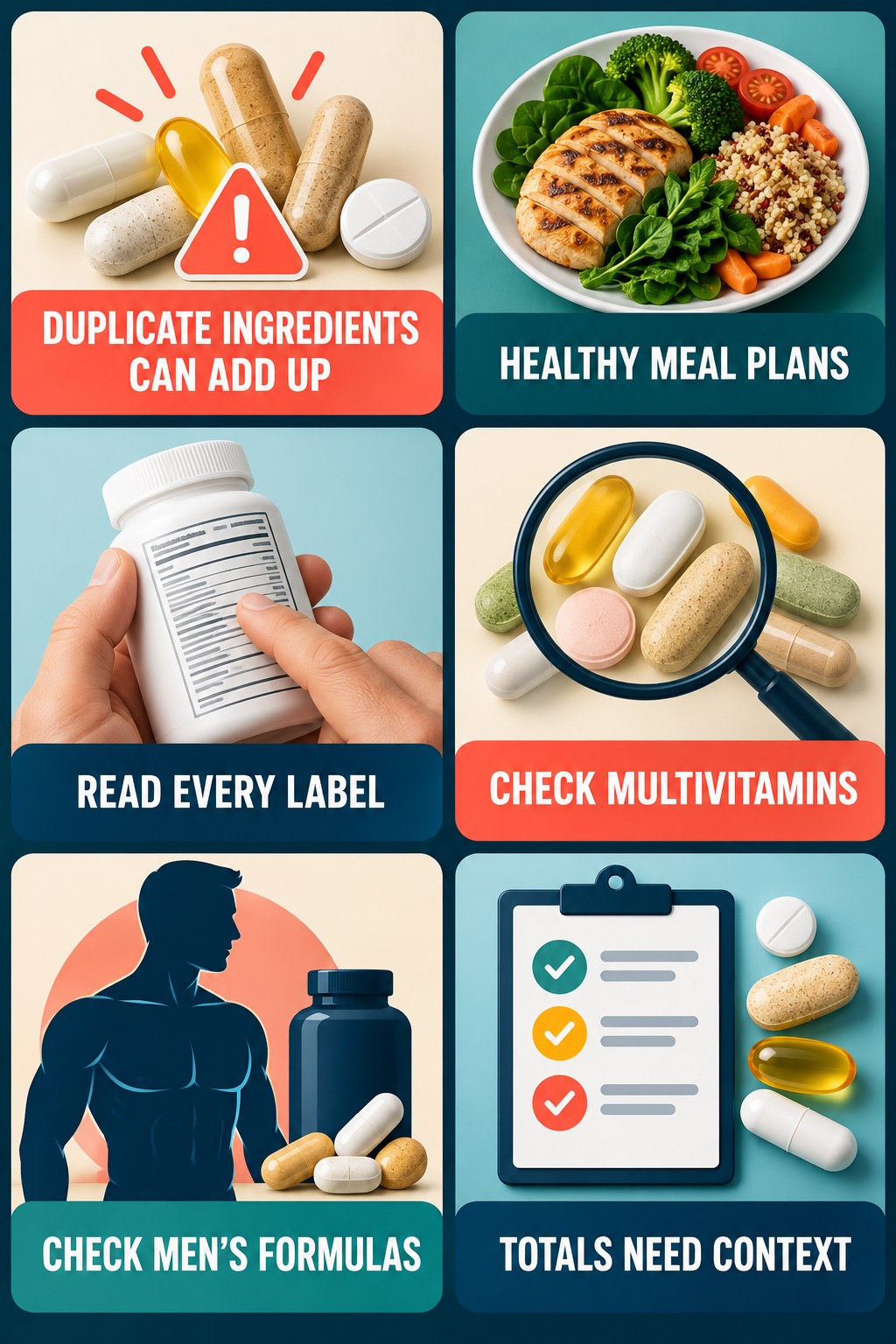 Check Duplicate Zinc Across Men’s Supplements supplement-interaction safety infographic for Healthy Meal Plans with four concise review points.