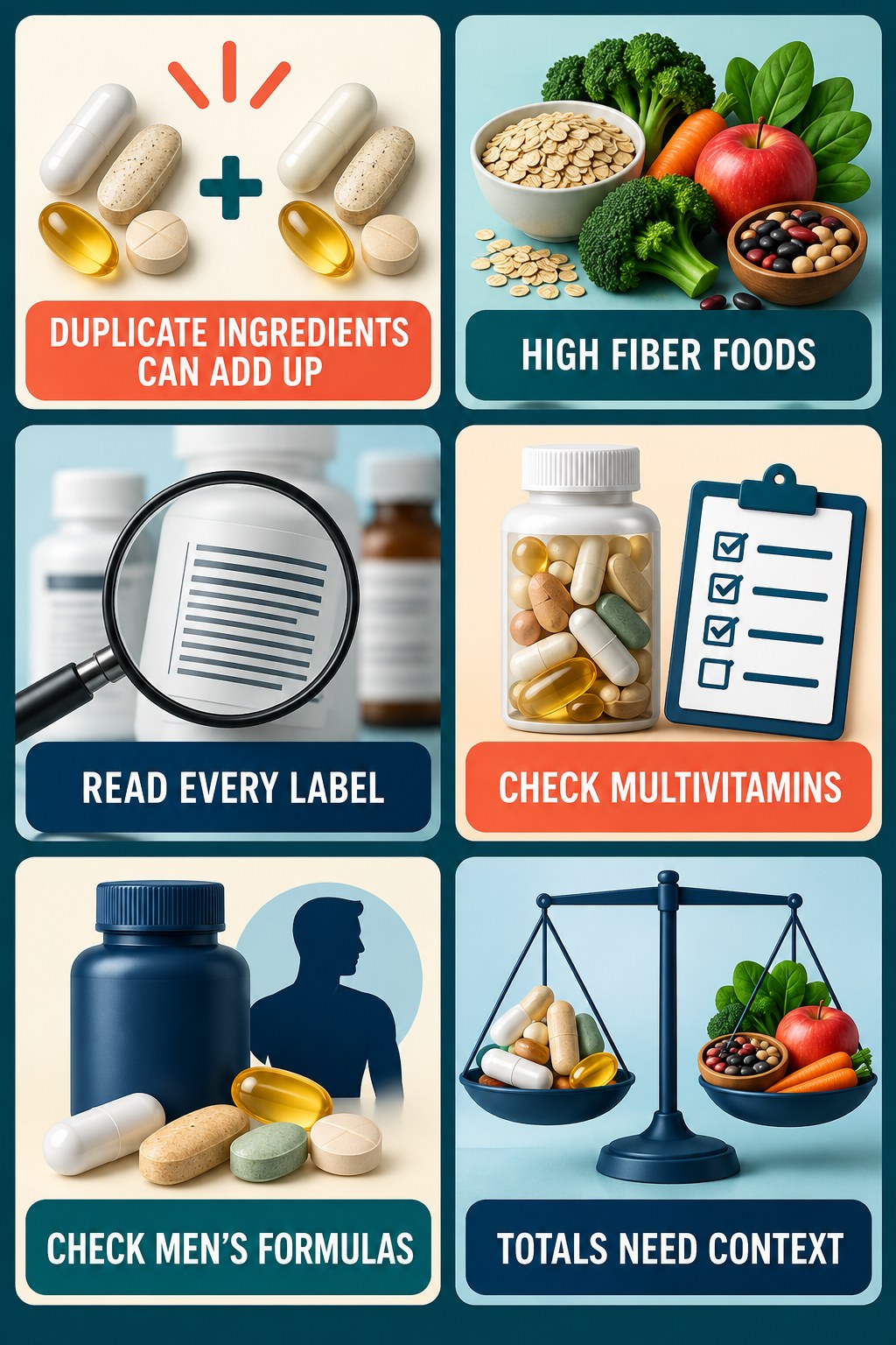 Check Duplicate Zinc Across Men’s Supplements supplement-interaction safety infographic for High Fiber Foods with four concise review points.