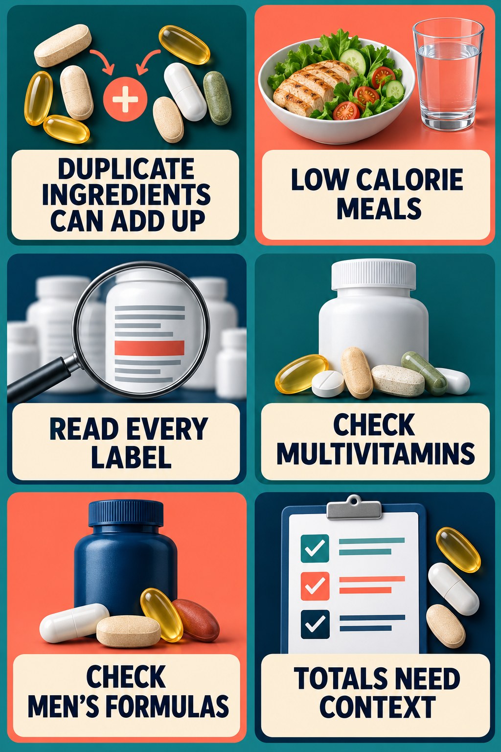 Check Duplicate Zinc Across Men’s Supplements supplement-interaction safety infographic for Low Calorie Meals with four concise review points.