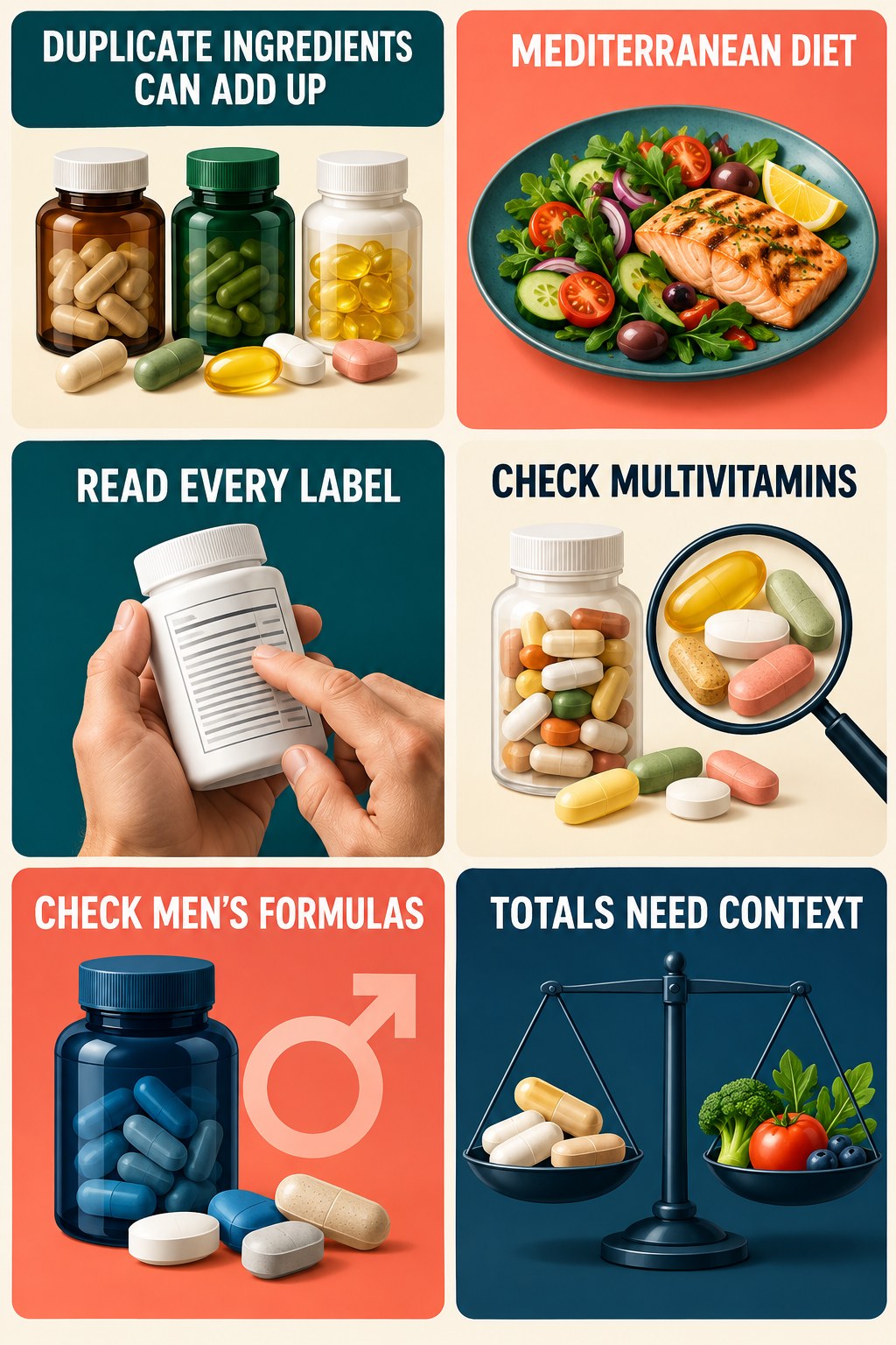 Check Duplicate Zinc Across Men’s Supplements supplement-interaction safety infographic for Mediterranean Diet with four concise review points.