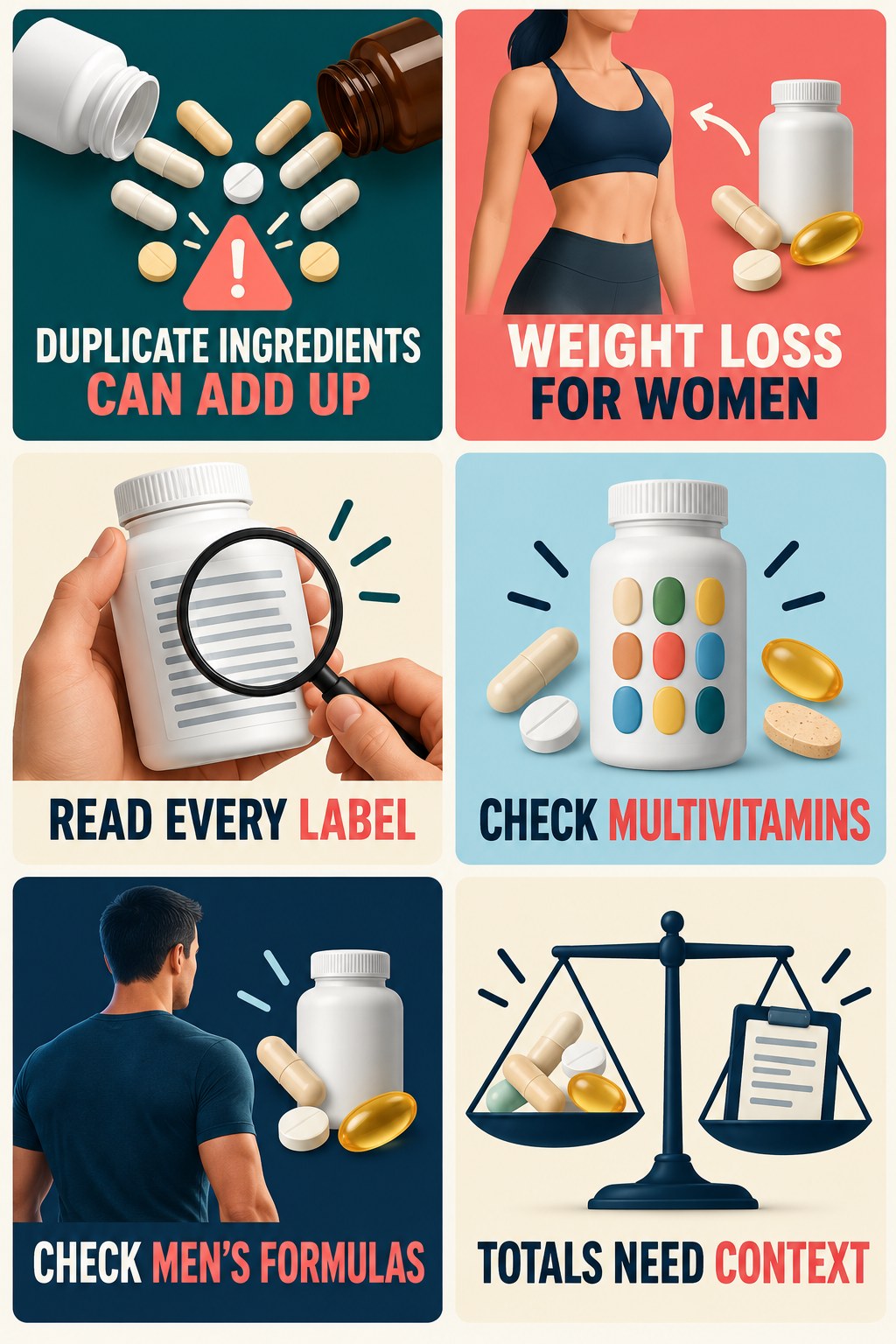 Check Duplicate Zinc Across Men’s Supplements supplement-interaction safety infographic for Weight Loss for Women with four concise review points.
