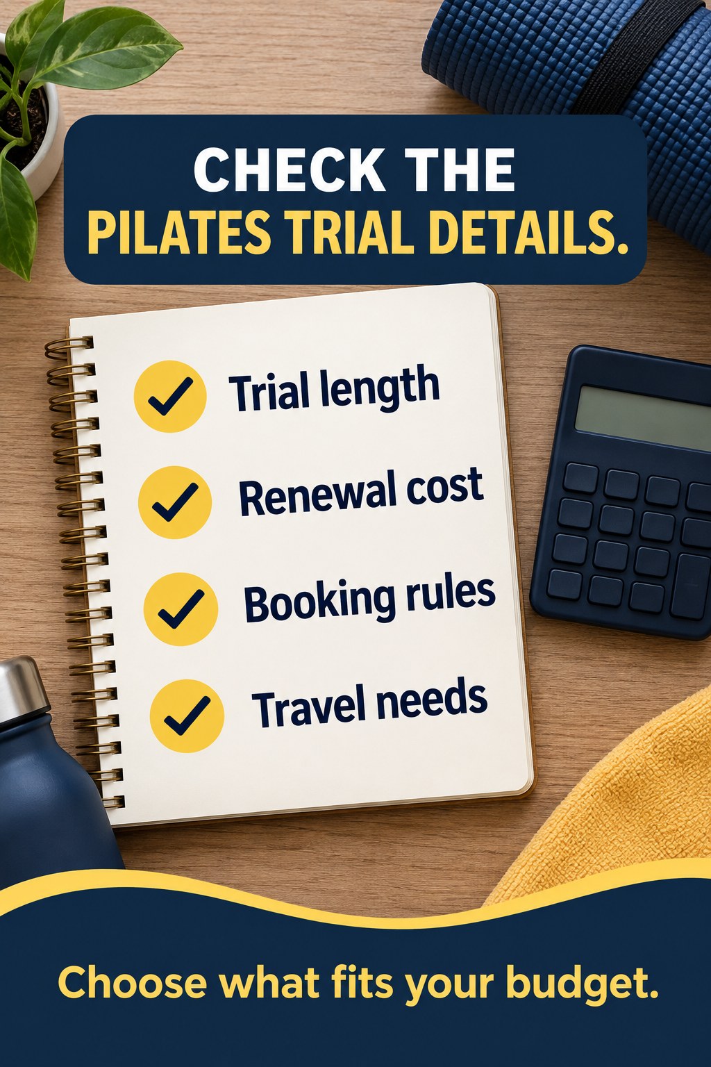 Notebook with a Pilates trial checklist beside a calculator and rolled mat.