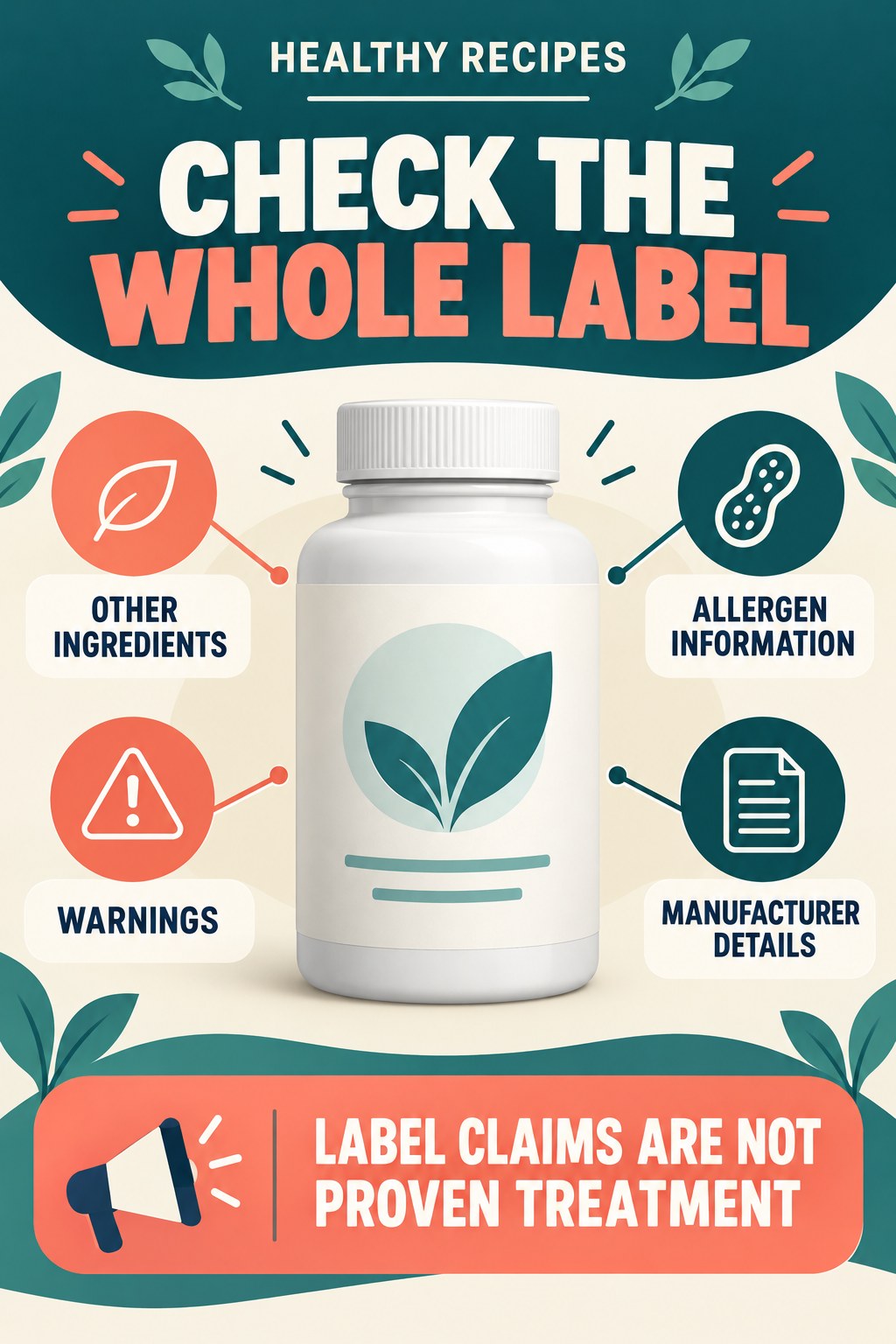 Check Other Ingredients and Warnings prostate supplement label-literacy infographic for Healthy Recipes with four careful reading points.