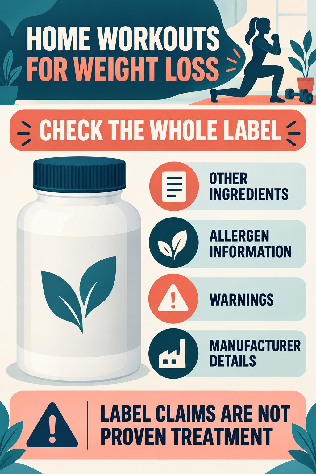 Check Other Ingredients and Warnings prostate supplement label-literacy infographic for Home Workouts for Weight Loss with four careful reading points.