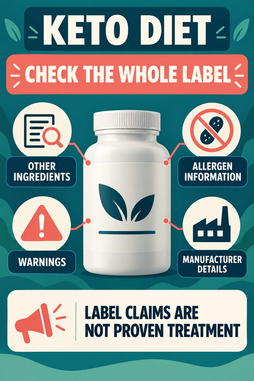 Check Other Ingredients and Warnings prostate supplement label-literacy infographic for Keto Diet with four careful reading points.