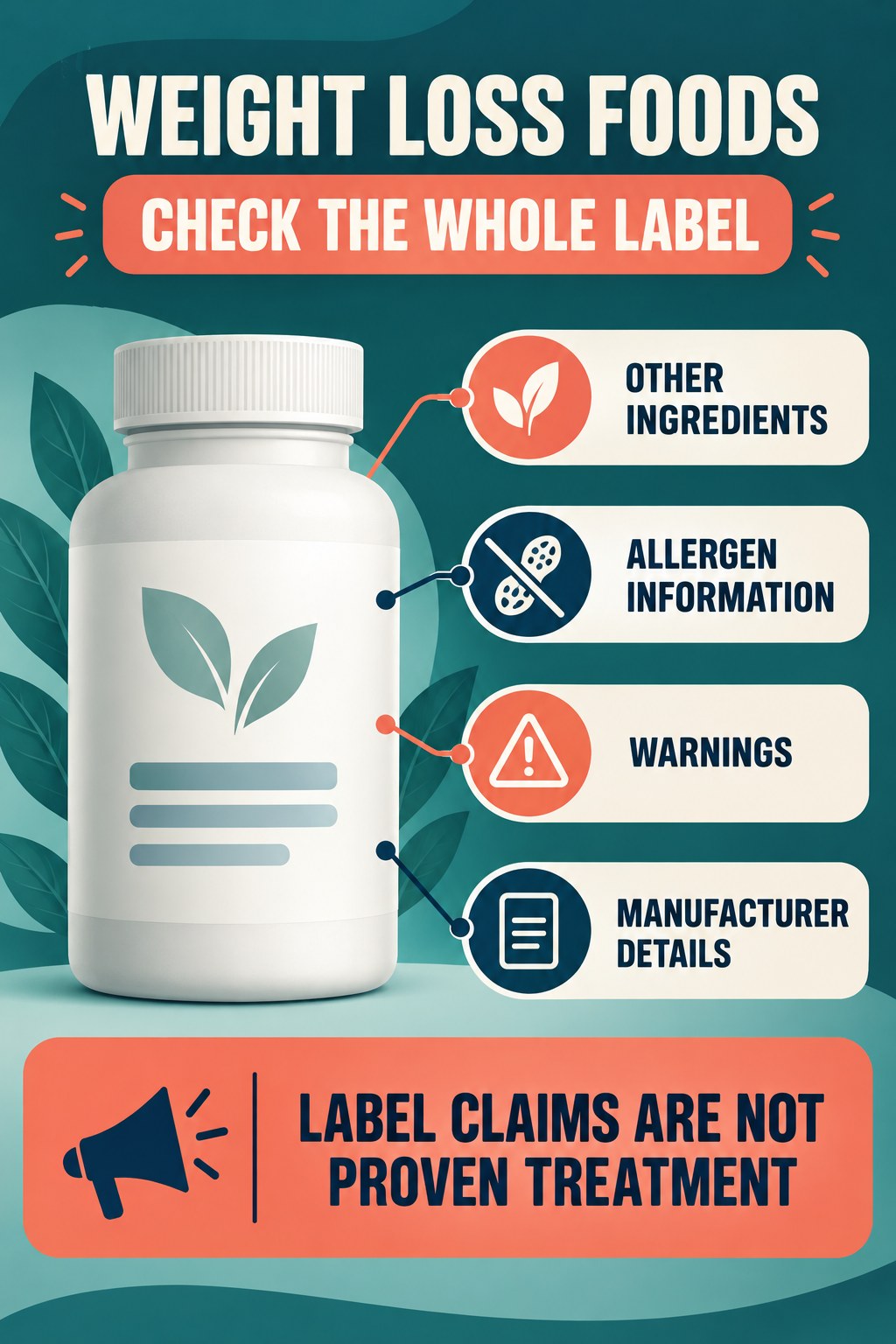 Check Other Ingredients and Warnings prostate supplement label-literacy infographic for Weight Loss Foods with four careful reading points.