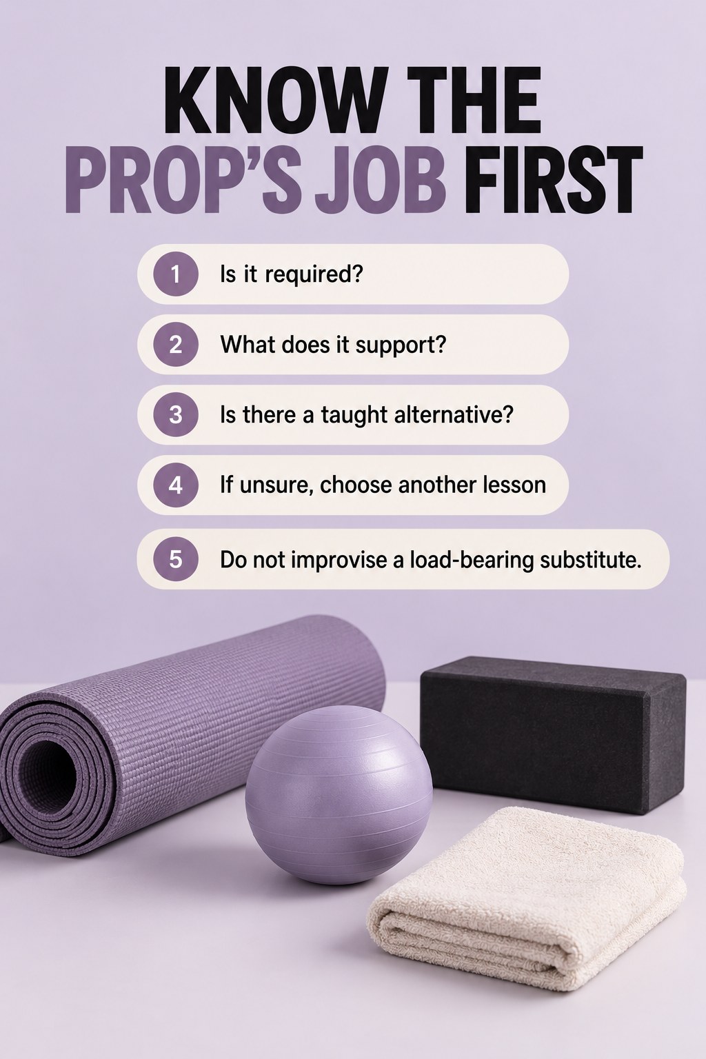 A Pilates mat beside a small ball, block, and folded towel arranged as optional equipment examples.