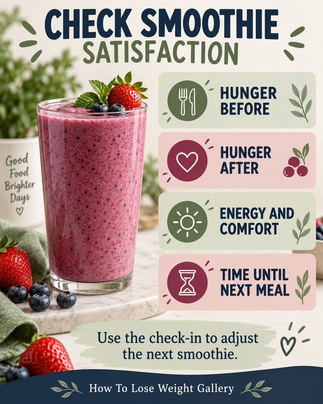 Smoothie satisfaction infographic with hunger before, hunger after, energy and comfort, and time until next meal
