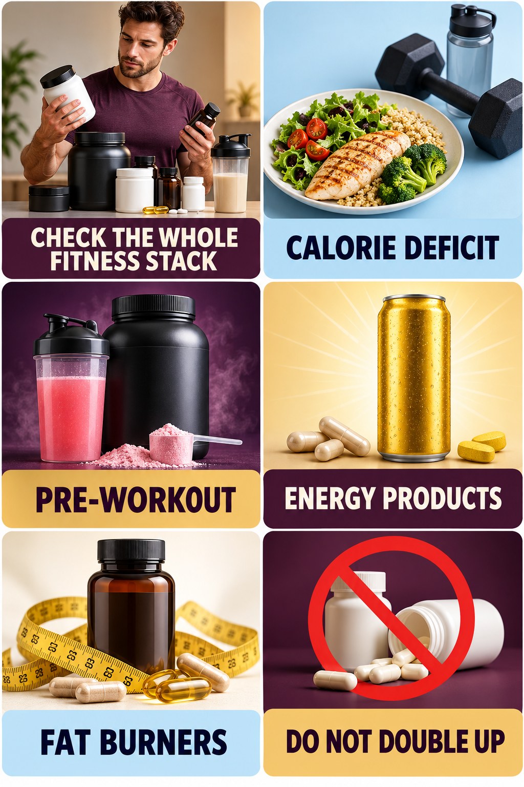 Check Stimulant Duplication in Fitness Stacks supplement-interaction safety infographic for Calorie Deficit with four concise review points.