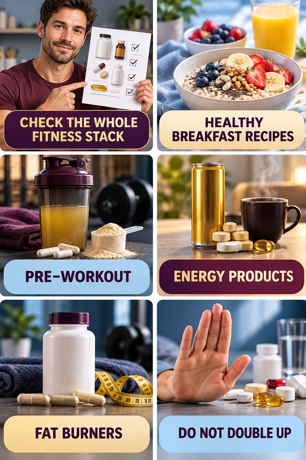 Check Stimulant Duplication in Fitness Stacks supplement-interaction safety infographic for Healthy Breakfast Recipes with four concise review points.