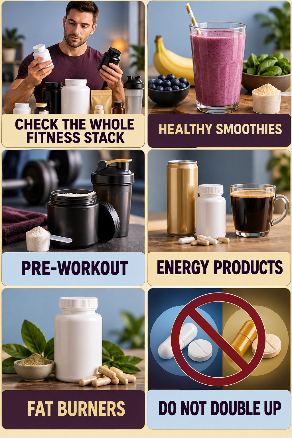 Check Stimulant Duplication in Fitness Stacks supplement-interaction safety infographic for Healthy Smoothies with four concise review points.