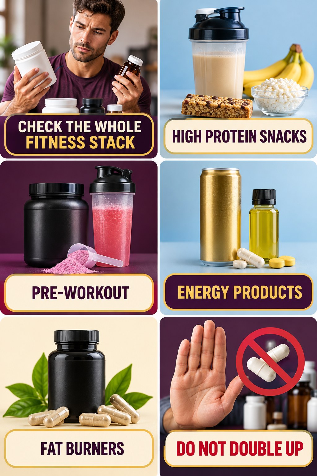 Check Stimulant Duplication in Fitness Stacks supplement-interaction safety infographic for High Protein Snacks with four concise review points.
