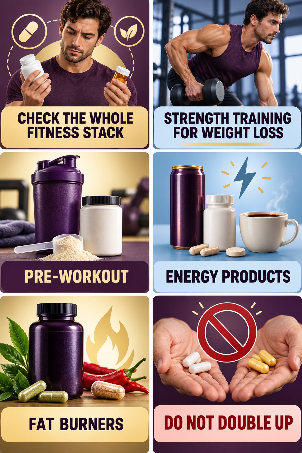 Check Stimulant Duplication in Fitness Stacks supplement-interaction safety infographic for Strength Training for Weight Loss with four concise review points.