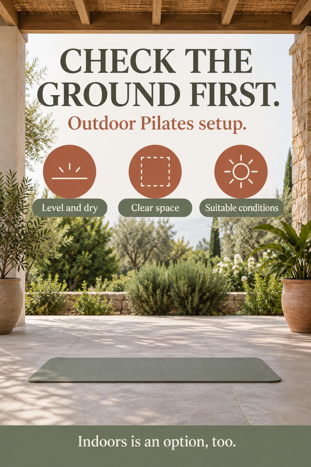 Rolled Pilates mat beside a clean level covered patio with a clear space for movement.
