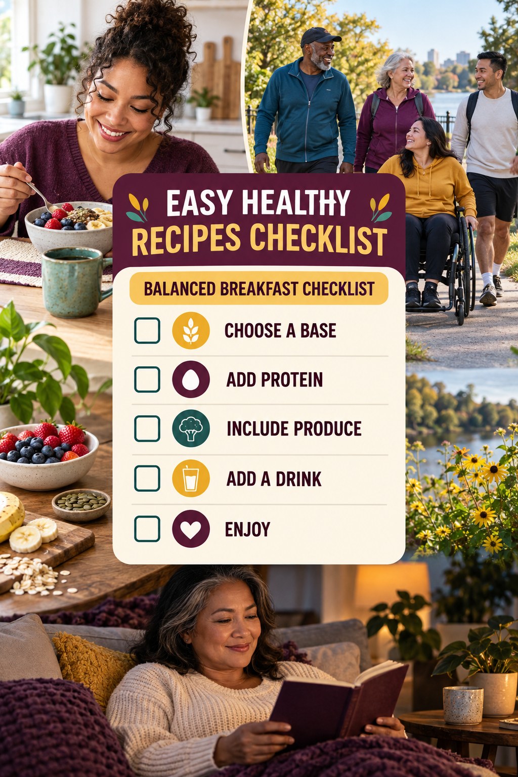 Easy Healthy Recipes checklist graphic titled Balanced Breakfast Checklist with five clear practical wellness items.