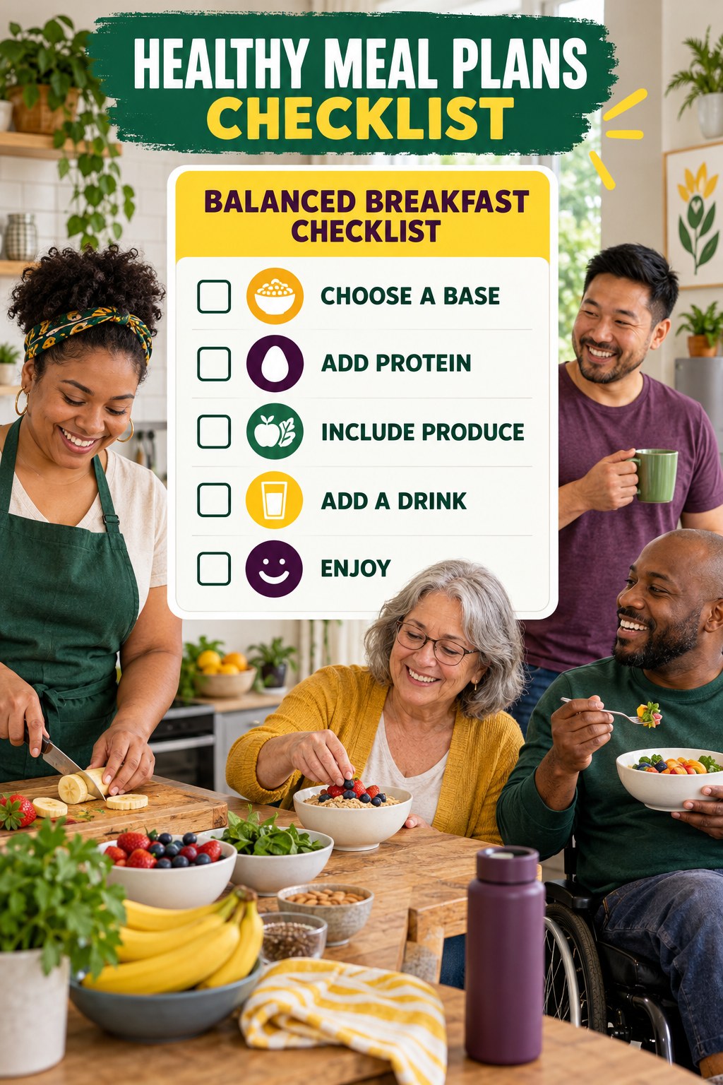 Healthy Meal Plans checklist graphic titled Balanced Breakfast Checklist with five clear practical wellness items.